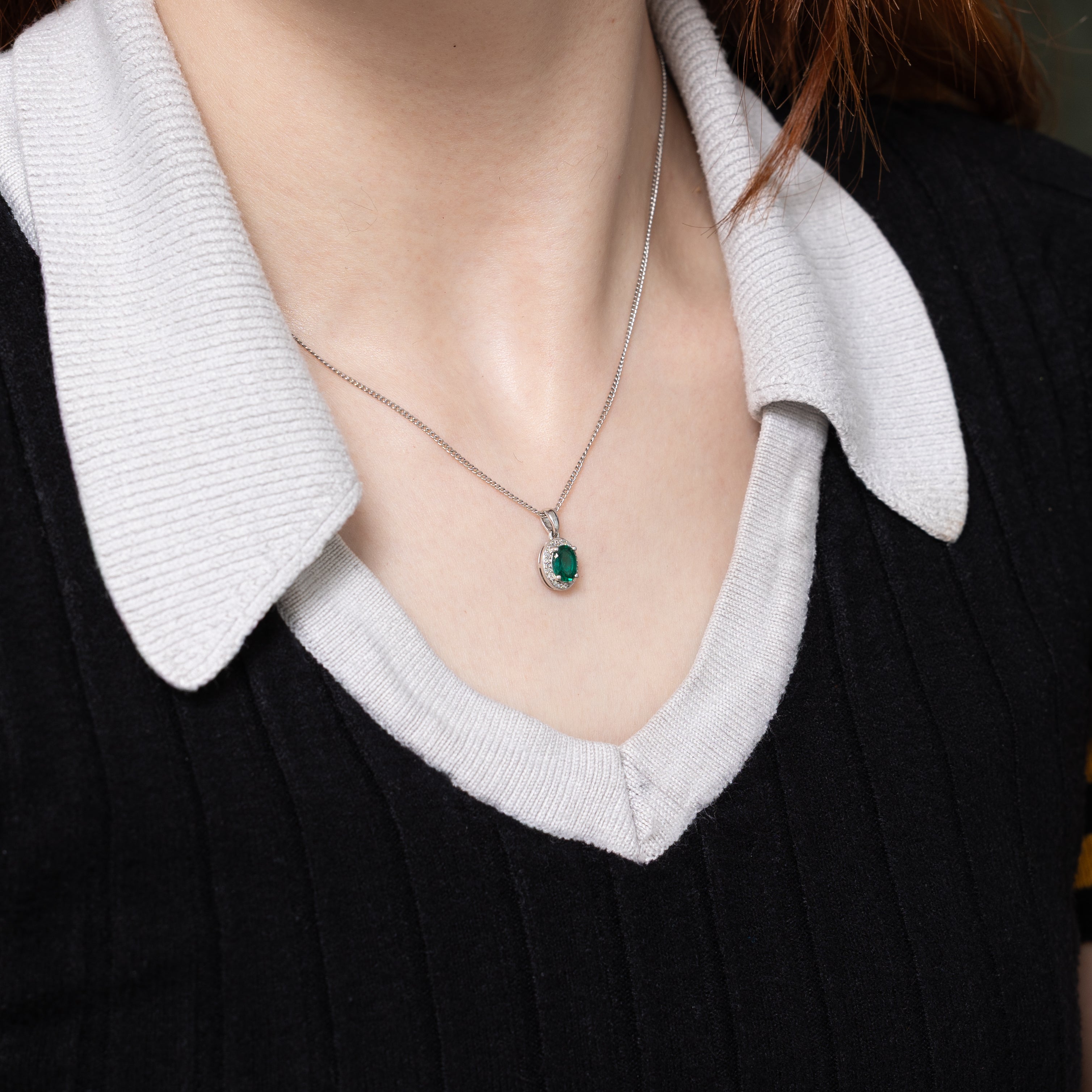 Oval Cut Synthetic Emerald & Diamond Halo Pendant | 0.47ct, 0.03ctw