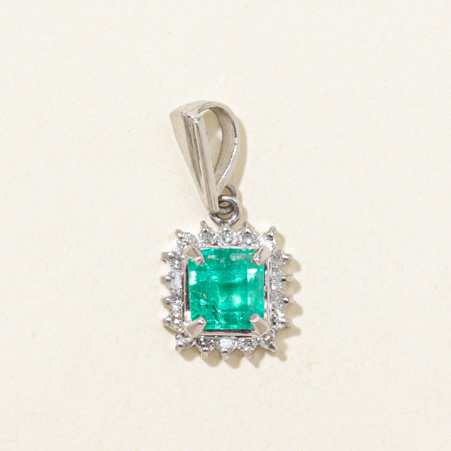 Platinum Step Cut Emerald & Diamond Petal Halo Pendant | 0.56ct, 0.09ctw