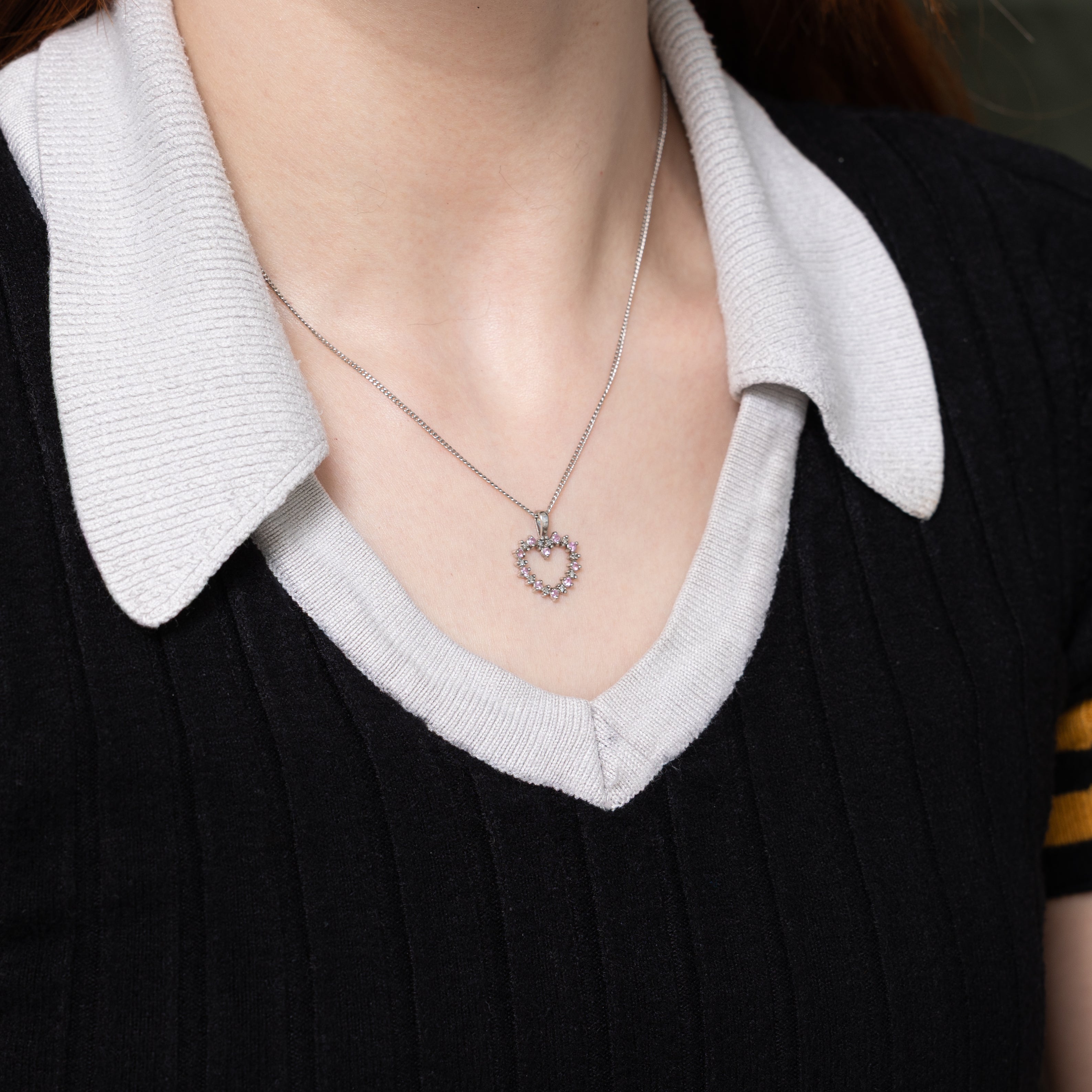 Diamond & Pink Synthetic Sapphire Open Heart Pendant | 0.02ct, 0.15ctw