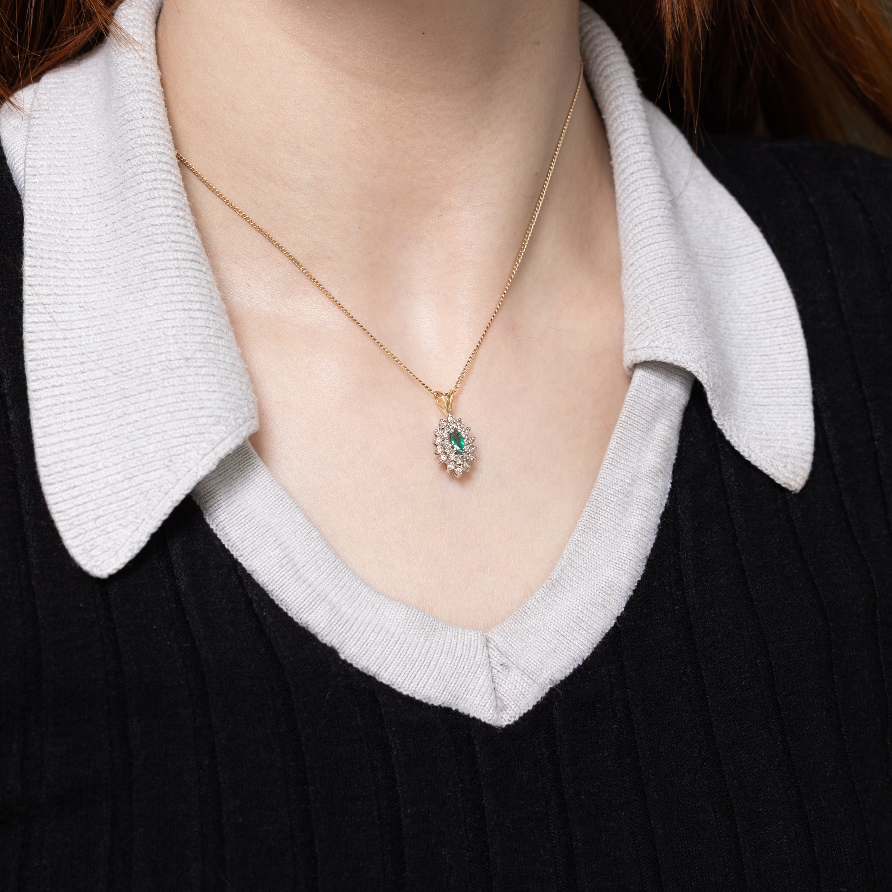 Marquise Cut Emerald & Diamond Petal Halo Pendant | 0.18ct, 0.34ctw