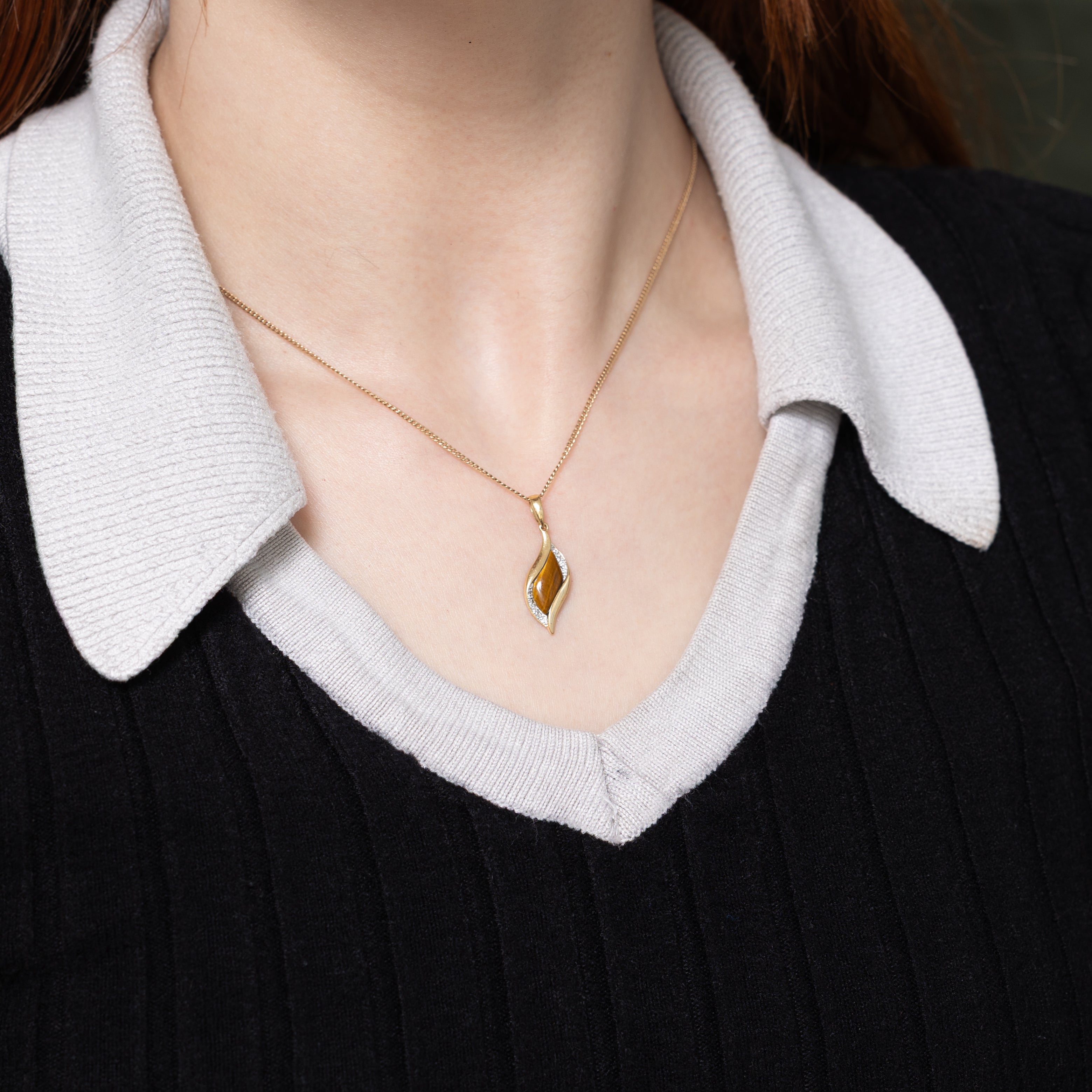 Cabochon Tigers Eye & Diamond Pendant | 0.75ct, 0.004ctw