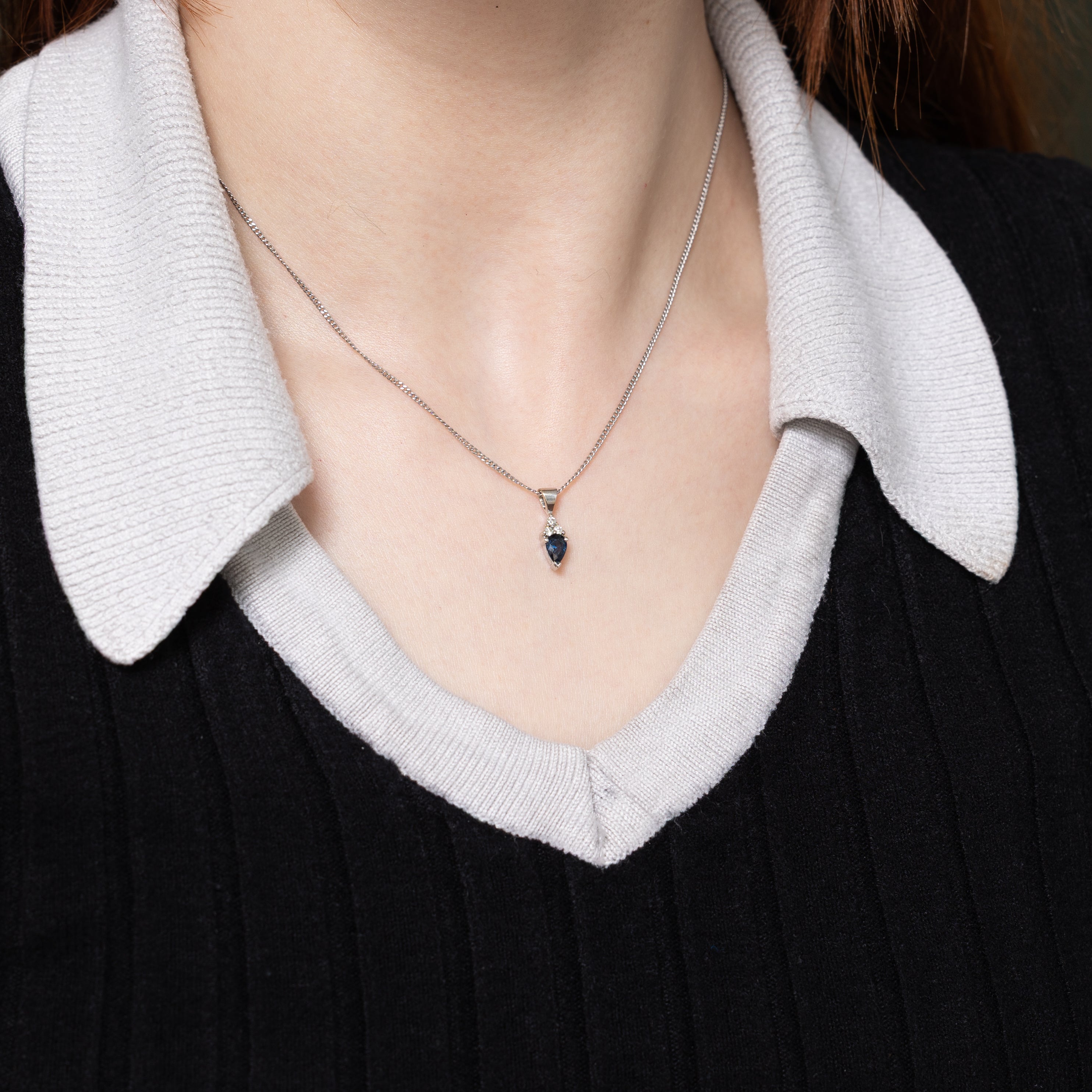 Pear Cut Sapphire & Diamond Pendant | 0.49ct, 0.06ctw