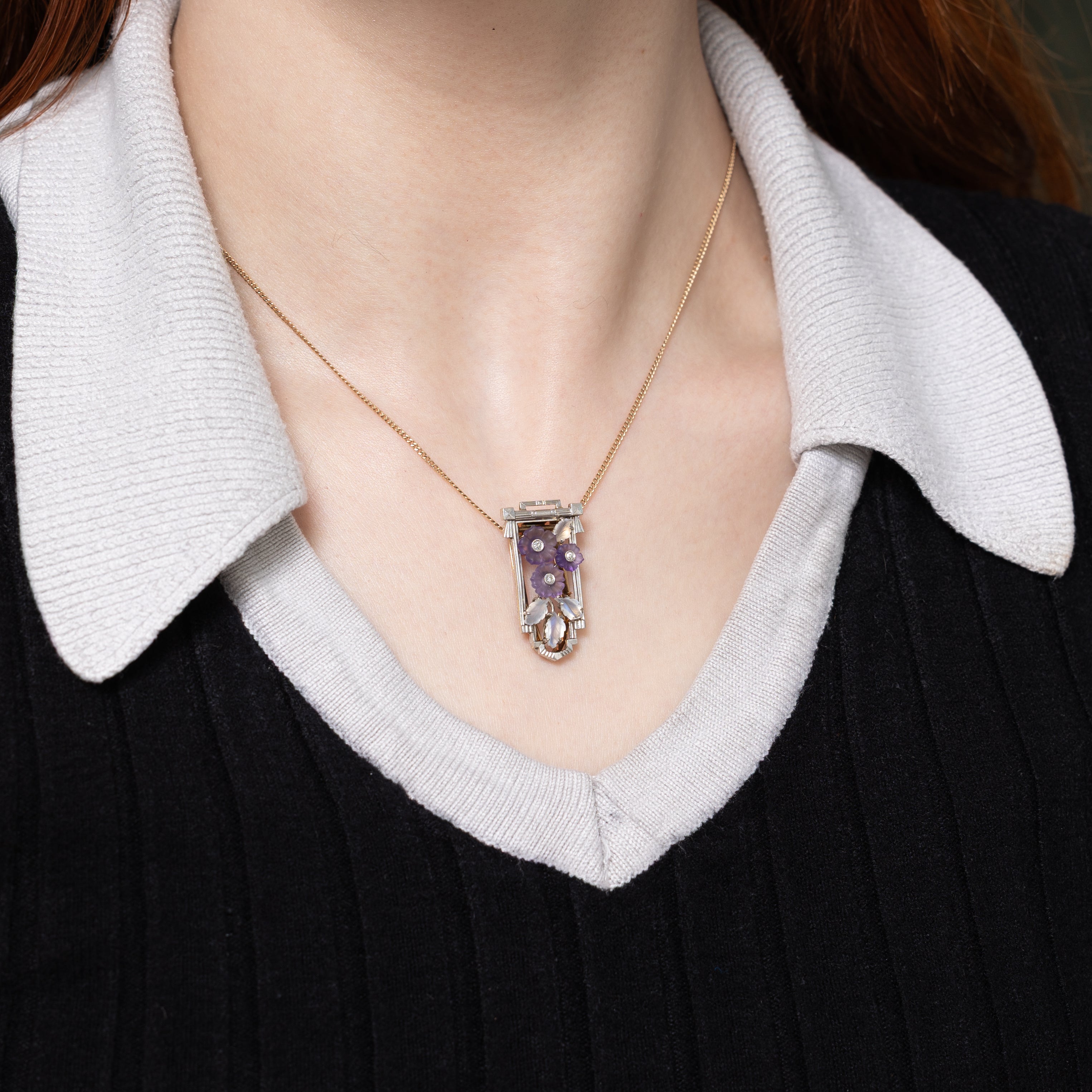 Moonstone & Amethyst Convertible Floral Pendant Brooch Clip | 1.30ctw, 0.75ctw