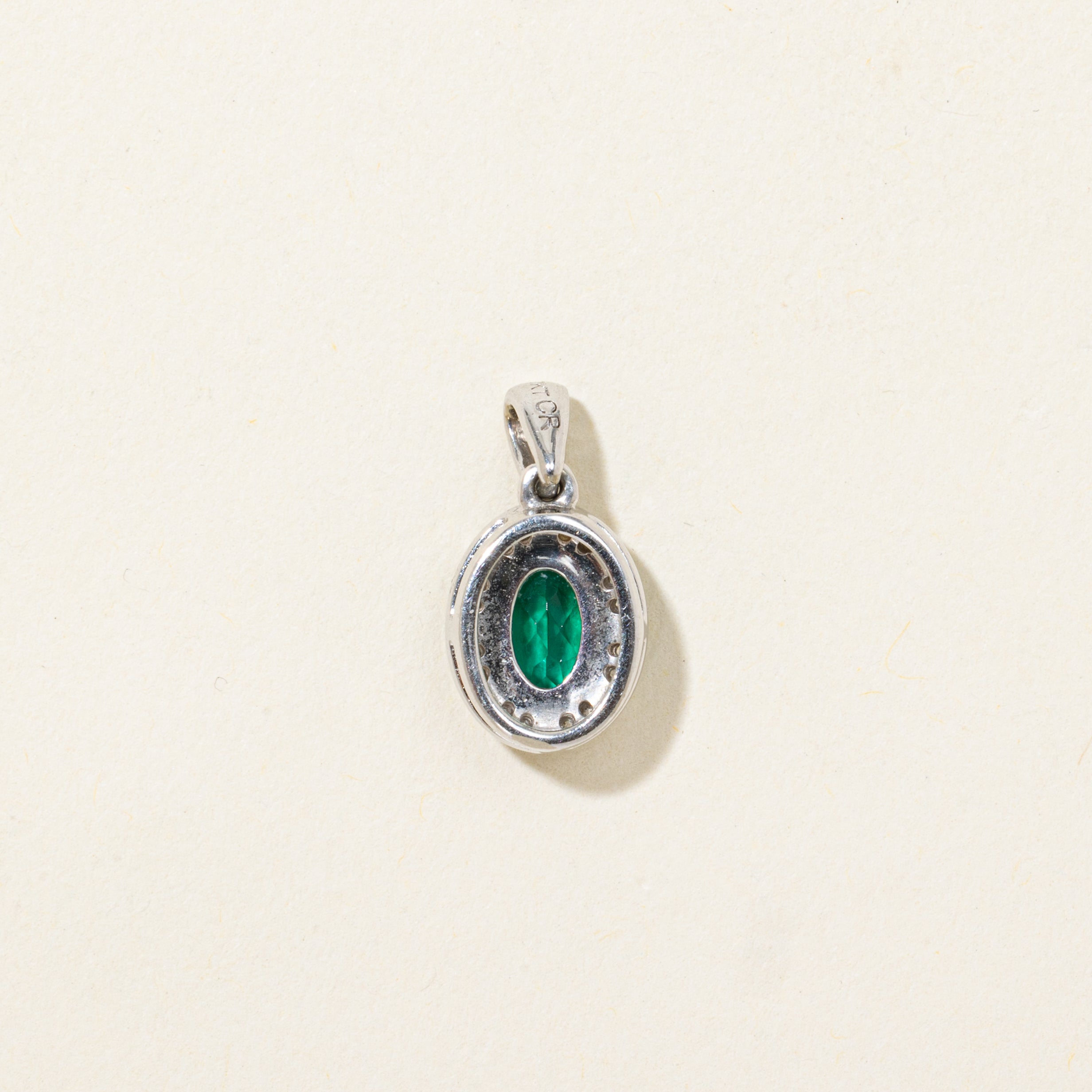 Oval Cut Synthetic Emerald & Diamond Halo Pendant | 0.47ct, 0.03ctw