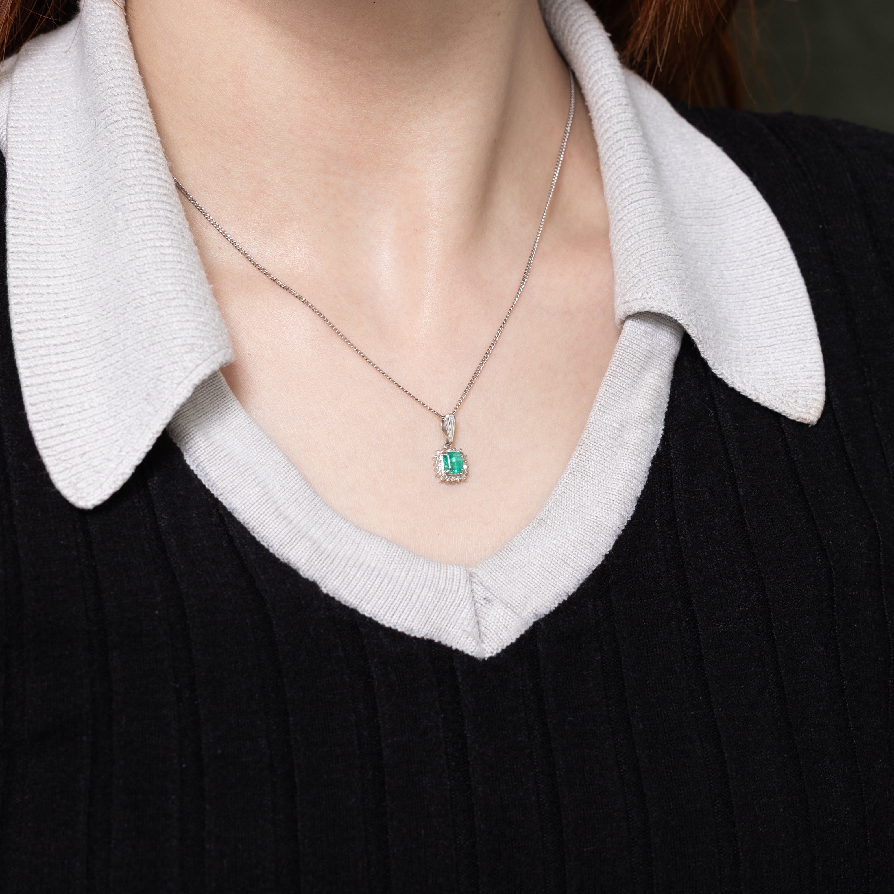 Platinum Step Cut Emerald & Diamond Petal Halo Pendant | 0.56ct, 0.09ctw