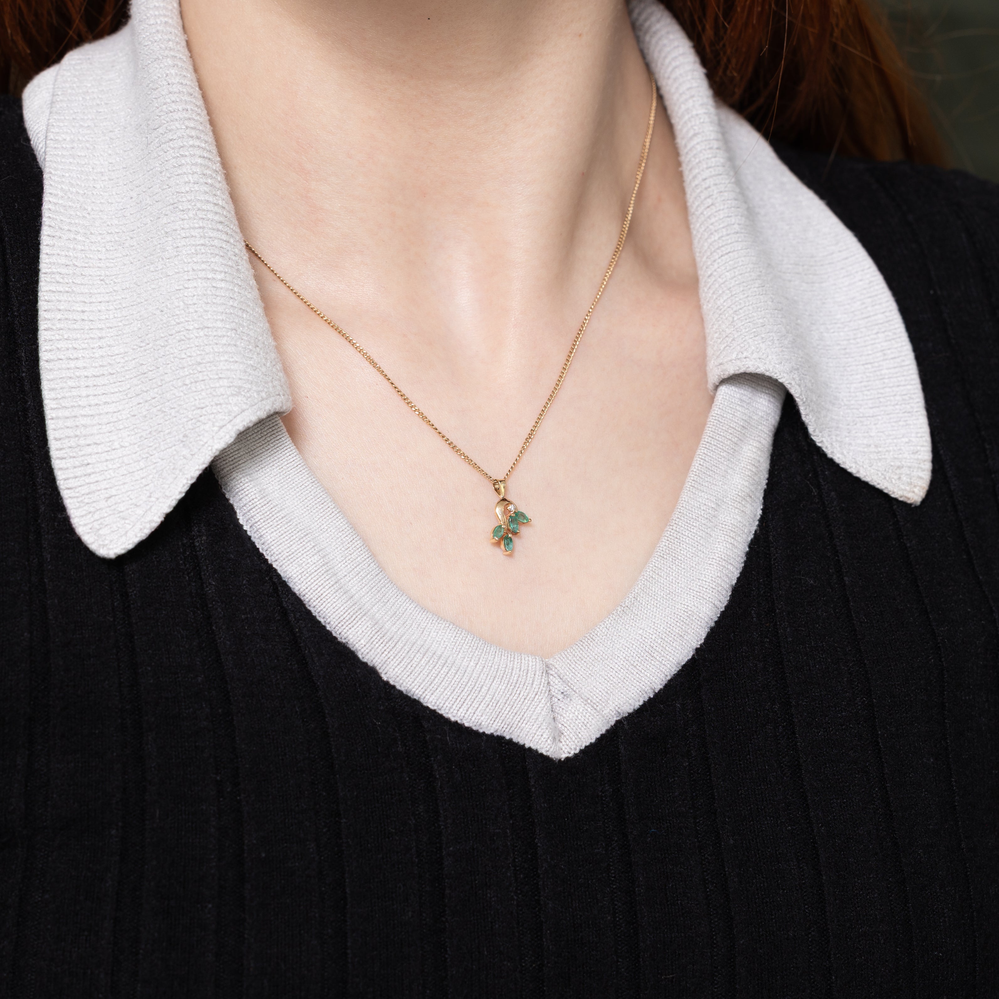 Marquise Cut Emerald & Diamond Pendant | 0.12ctw, 0.005ct