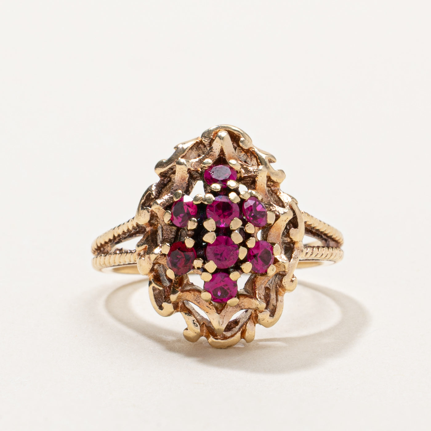 10k Synthetic Ruby Cluster Textured Cocktail Ring | 0.56ctw | SZ 6.5