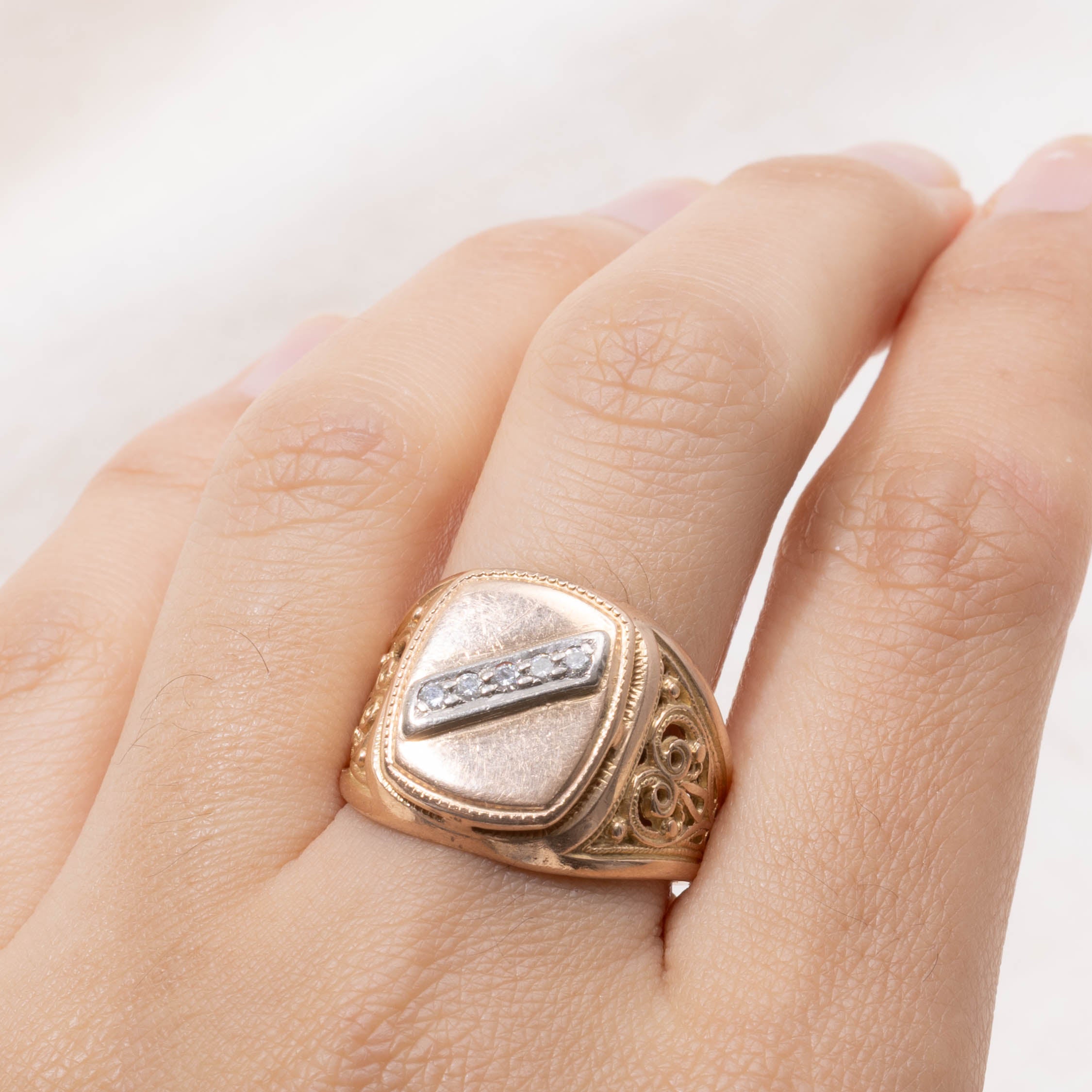 14k Diagonal Diamond Scrollwork Signet Ring | SZ 8.5