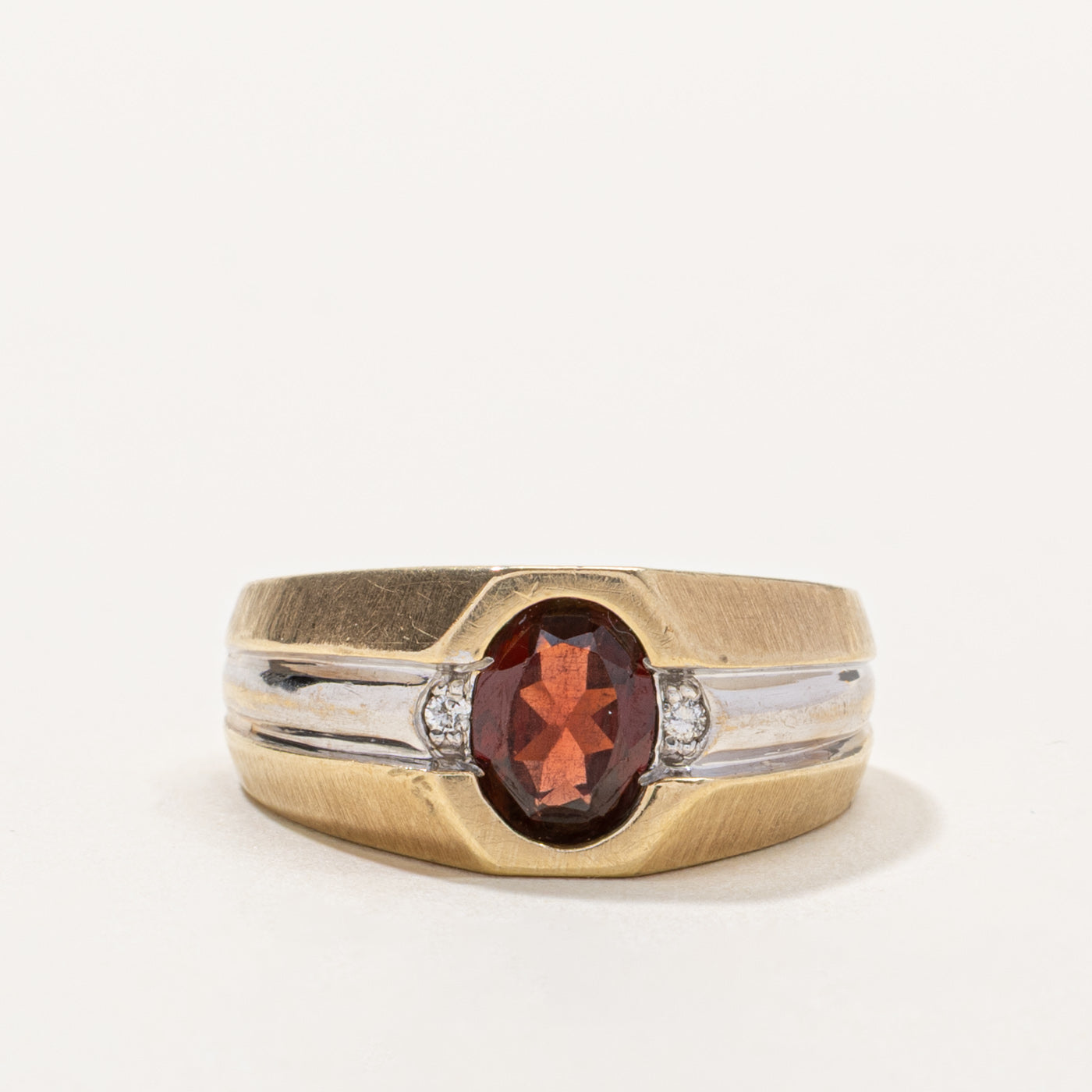 10k Bezel Set Garnet & Diamond Accented Wide Ring | 1.14ct, 0.02ctw | SZ 10.5