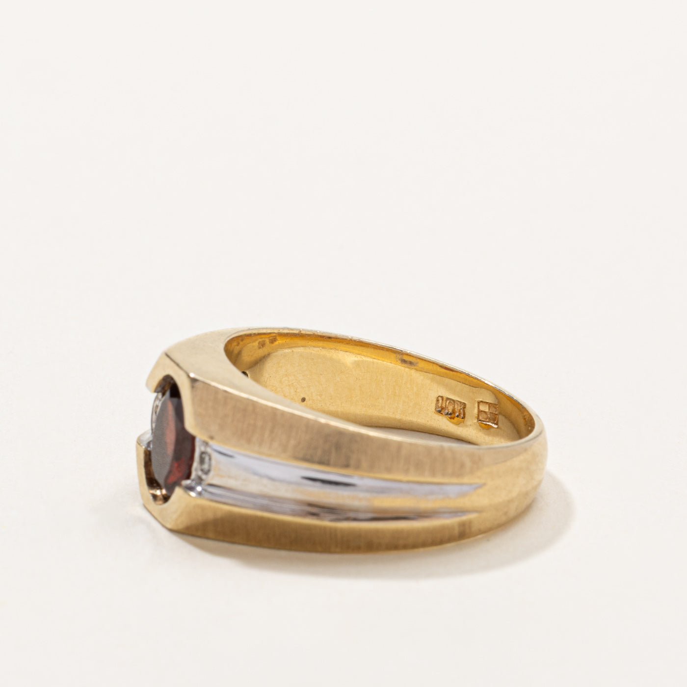 10k Bezel Set Garnet & Diamond Accented Wide Ring | 1.14ct, 0.02ctw | SZ 10.5