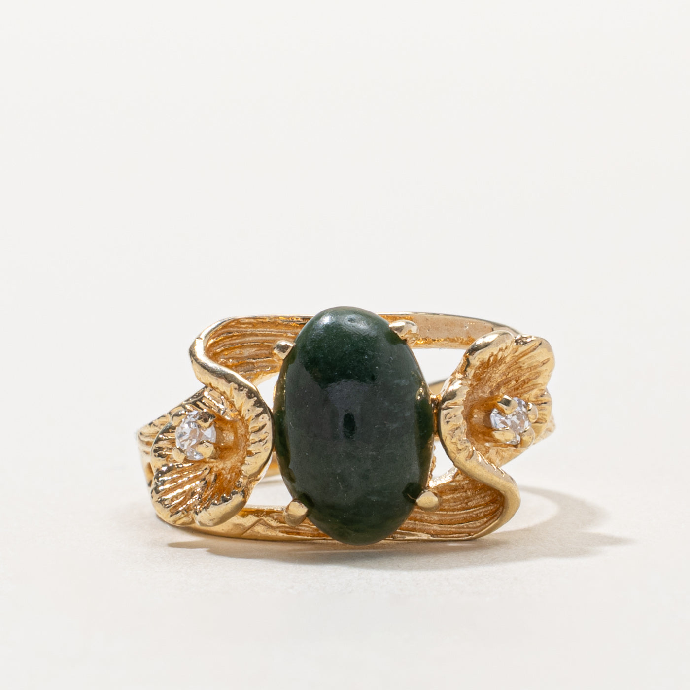Nephrite Jade & Diamond Textured Floral Ring | 2.50ct, 0.08ctw | SZ 7.5