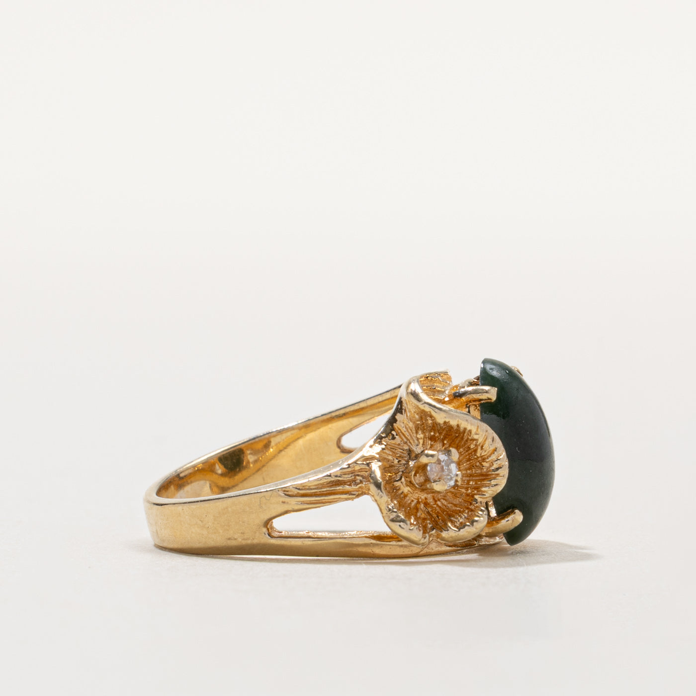Nephrite Jade & Diamond Textured Floral Ring | 2.50ct, 0.08ctw | SZ 7.5