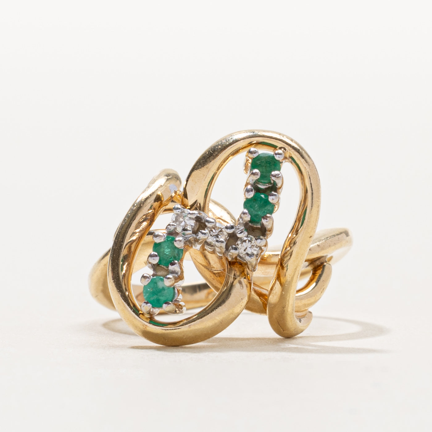 14k Emerald & Diamond Abstract Ring | 0.08ctw, 0.03ctw | SZ 3.75