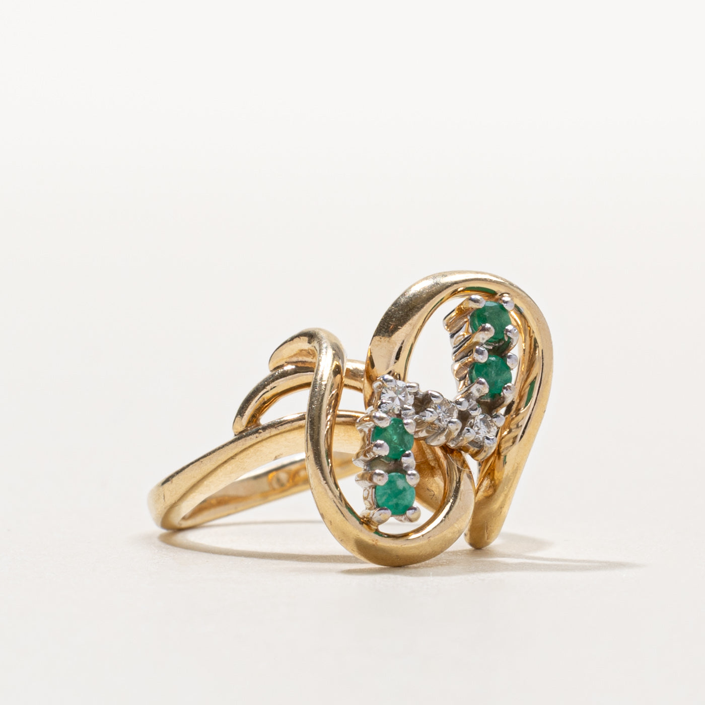14k Emerald & Diamond Abstract Ring | 0.08ctw, 0.03ctw | SZ 3.75