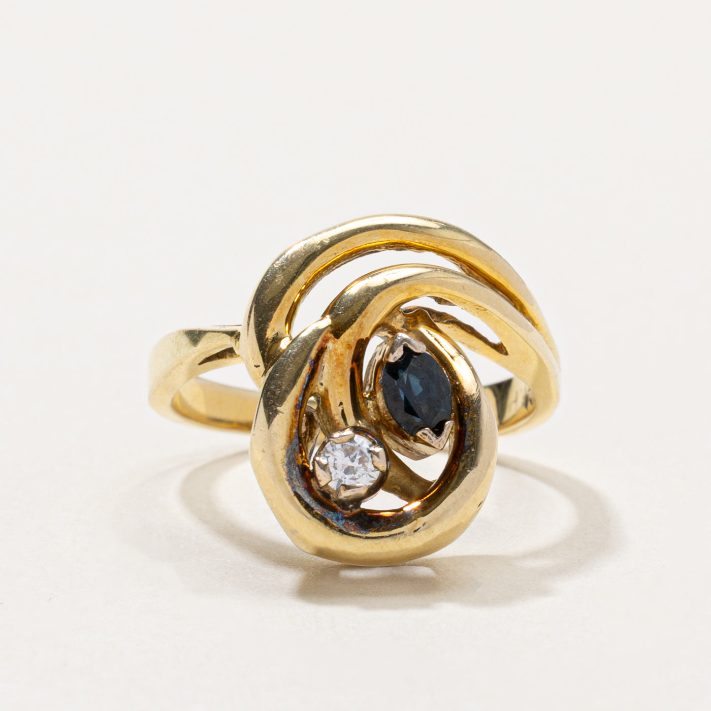 14k Sapphire & Diamond Swirl Abstract Ring | 0.20ct, 0.06ctw | SZ 6.25