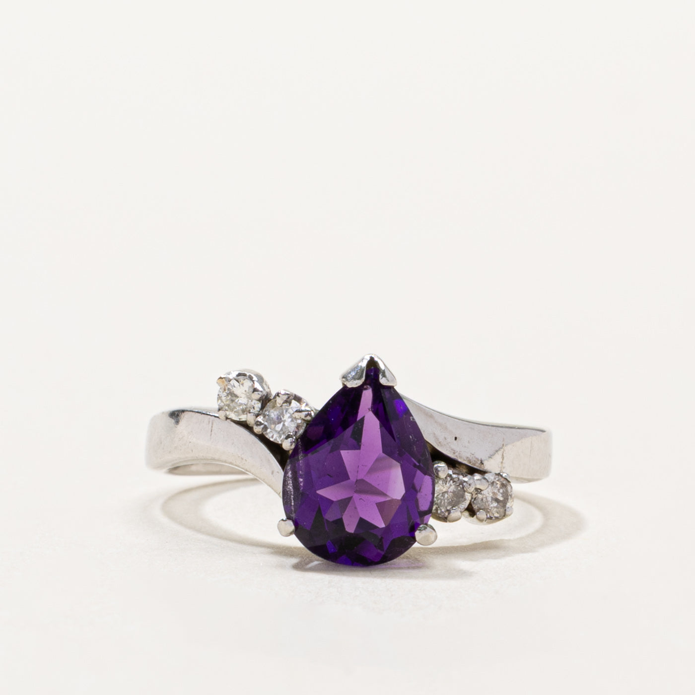 14k Pear Cut Amethyst & Diamond Bypass Ring | 1.40ct, 0.12ctw | SZ 6