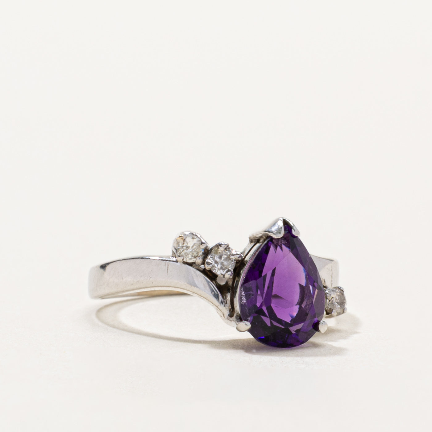 14k Pear Cut Amethyst & Diamond Bypass Ring | 1.40ct, 0.12ctw | SZ 6