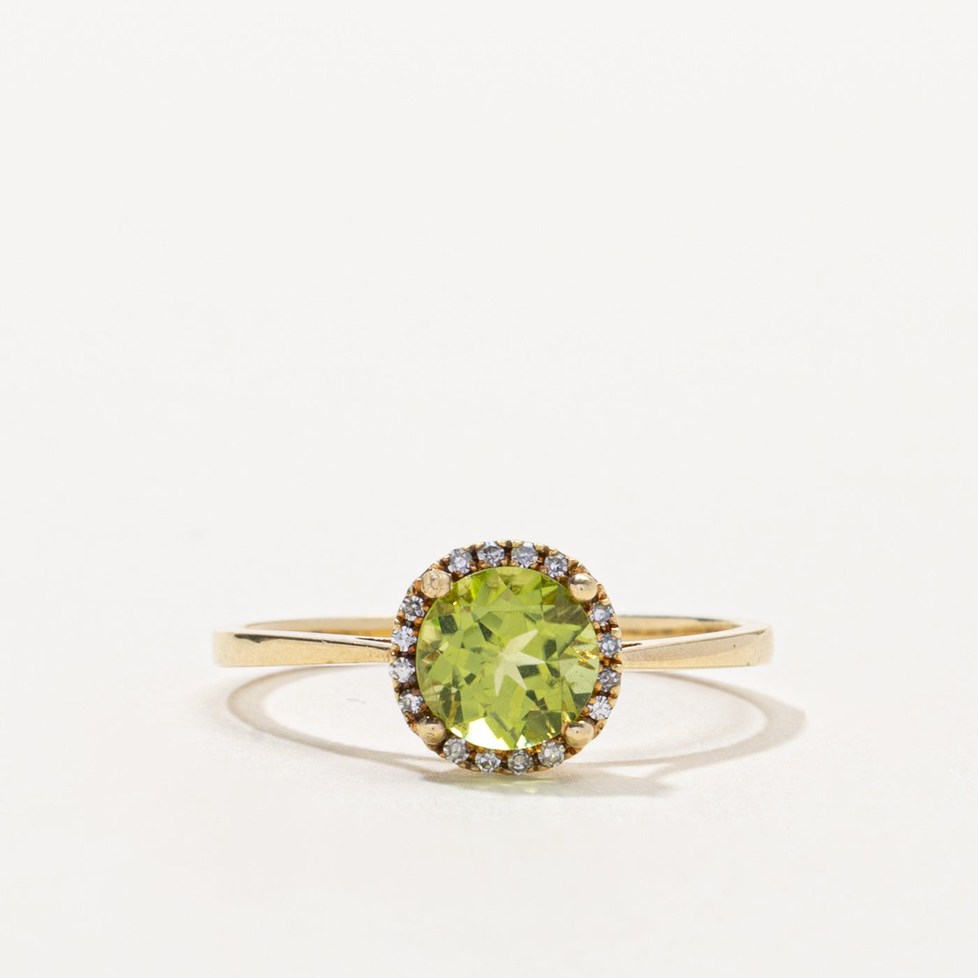14k Round Cut Peridot & Diamond Halo Ring | 0.94ct, 0.05ctw | SZ 6.75