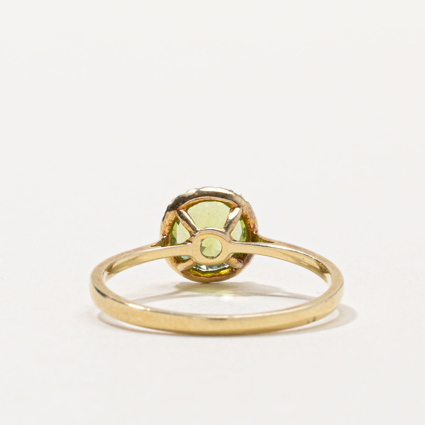 14k Round Cut Peridot & Diamond Halo Ring | 0.94ct, 0.05ctw | SZ 6.75