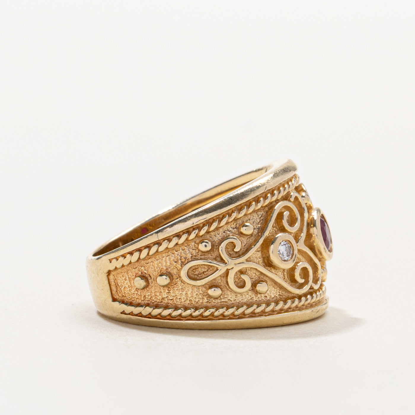 14k Synthetic Ruby & Naturakl Diamond Scrollwork Band | 0.16ct, 0.04ctw | SZ 6.25