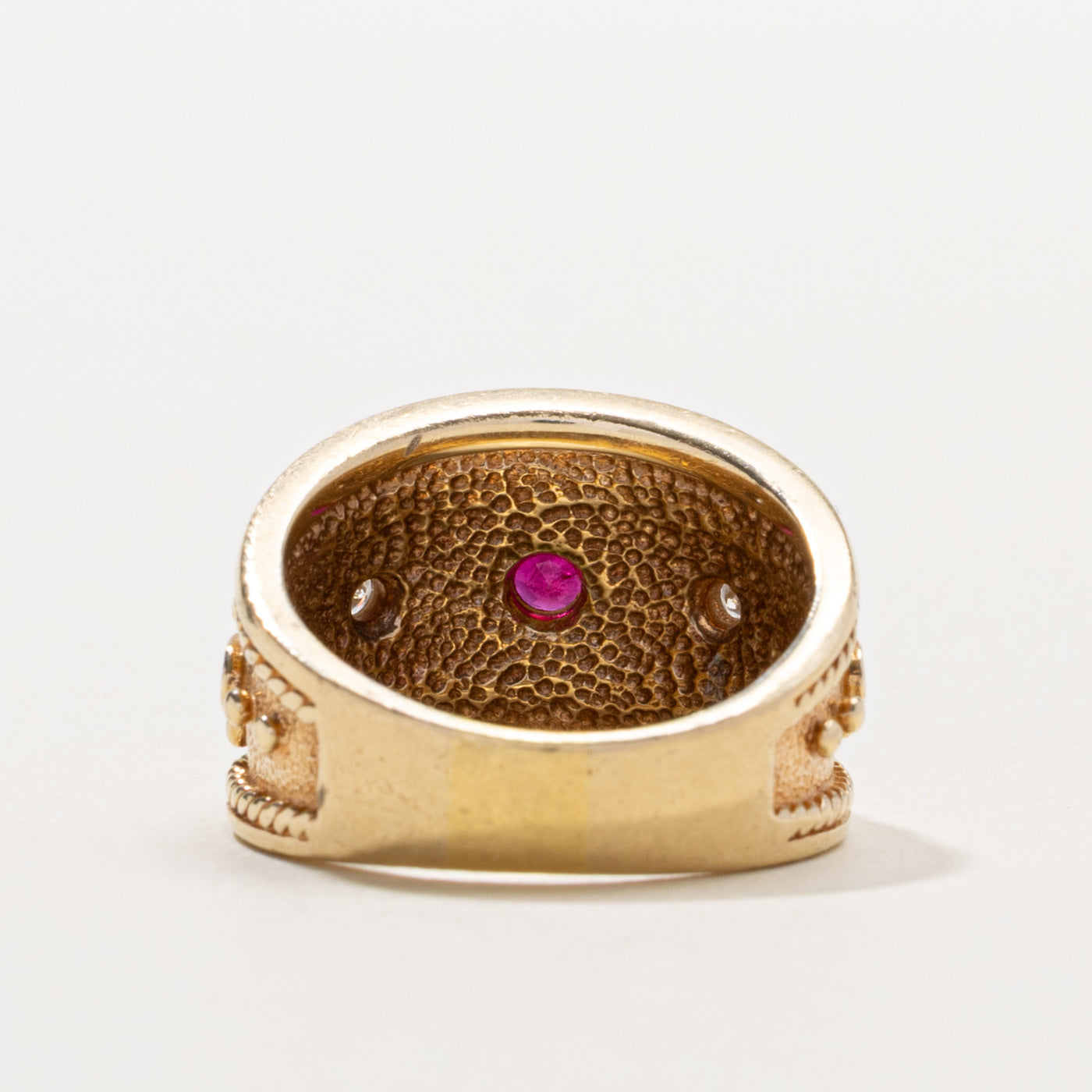 14k Synthetic Ruby & Naturakl Diamond Scrollwork Band | 0.16ct, 0.04ctw | SZ 6.25
