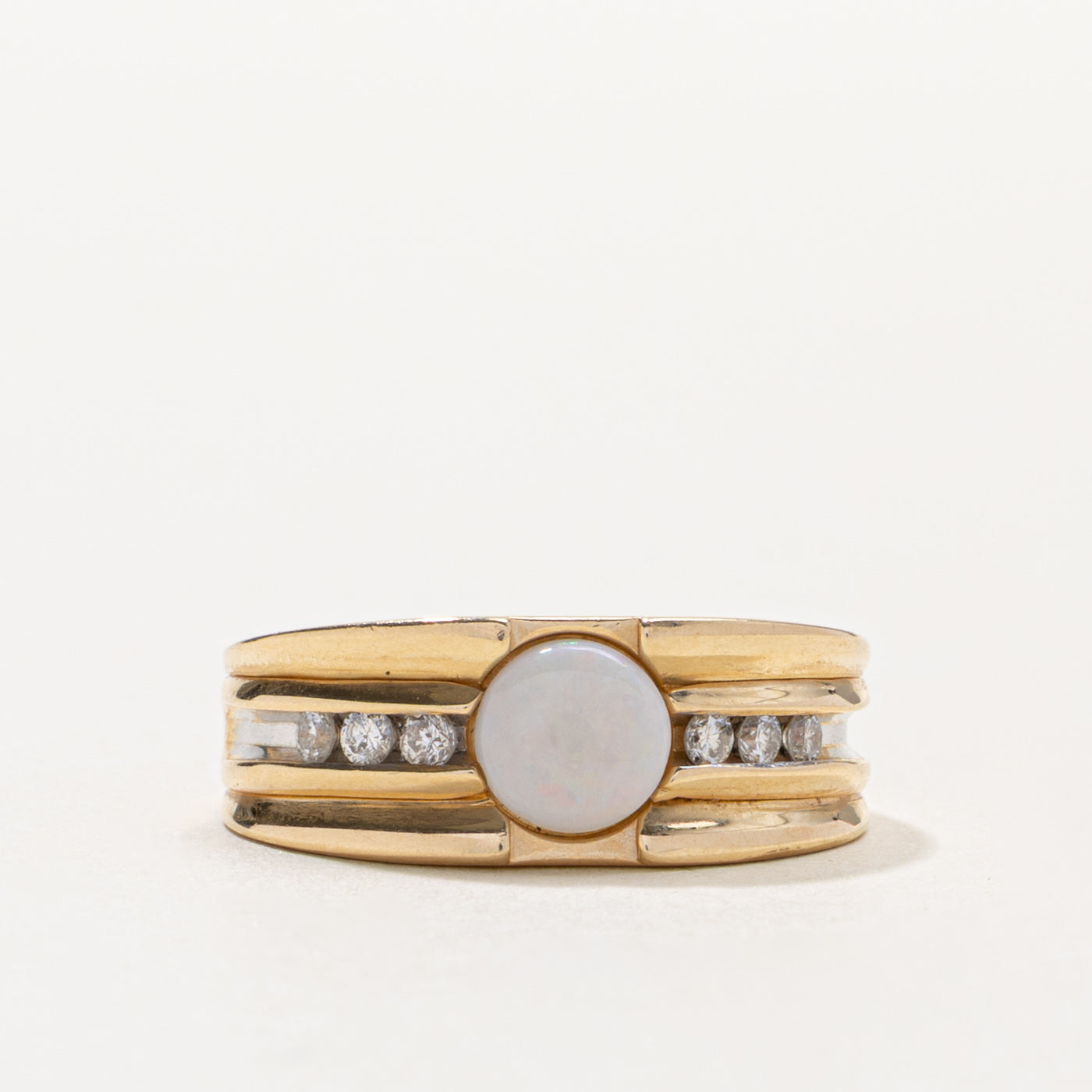 14k Opal & Diamond Accented Grooved Ring | 0.30ct, 0.12ctw | SZ 6