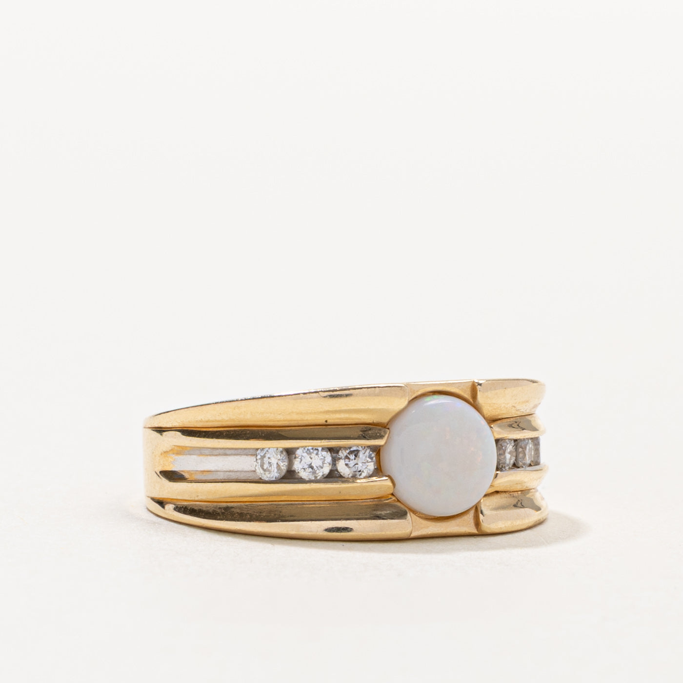 14k Opal & Diamond Accented Grooved Ring | 0.30ct, 0.12ctw | SZ 6