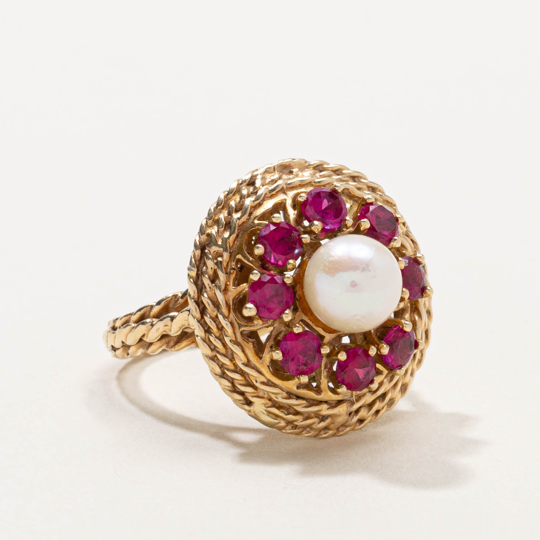 Pearl & Synthetic Ruby Halo Rope Textured Cocktail Ring | 1.20ctw | SZ 6.5