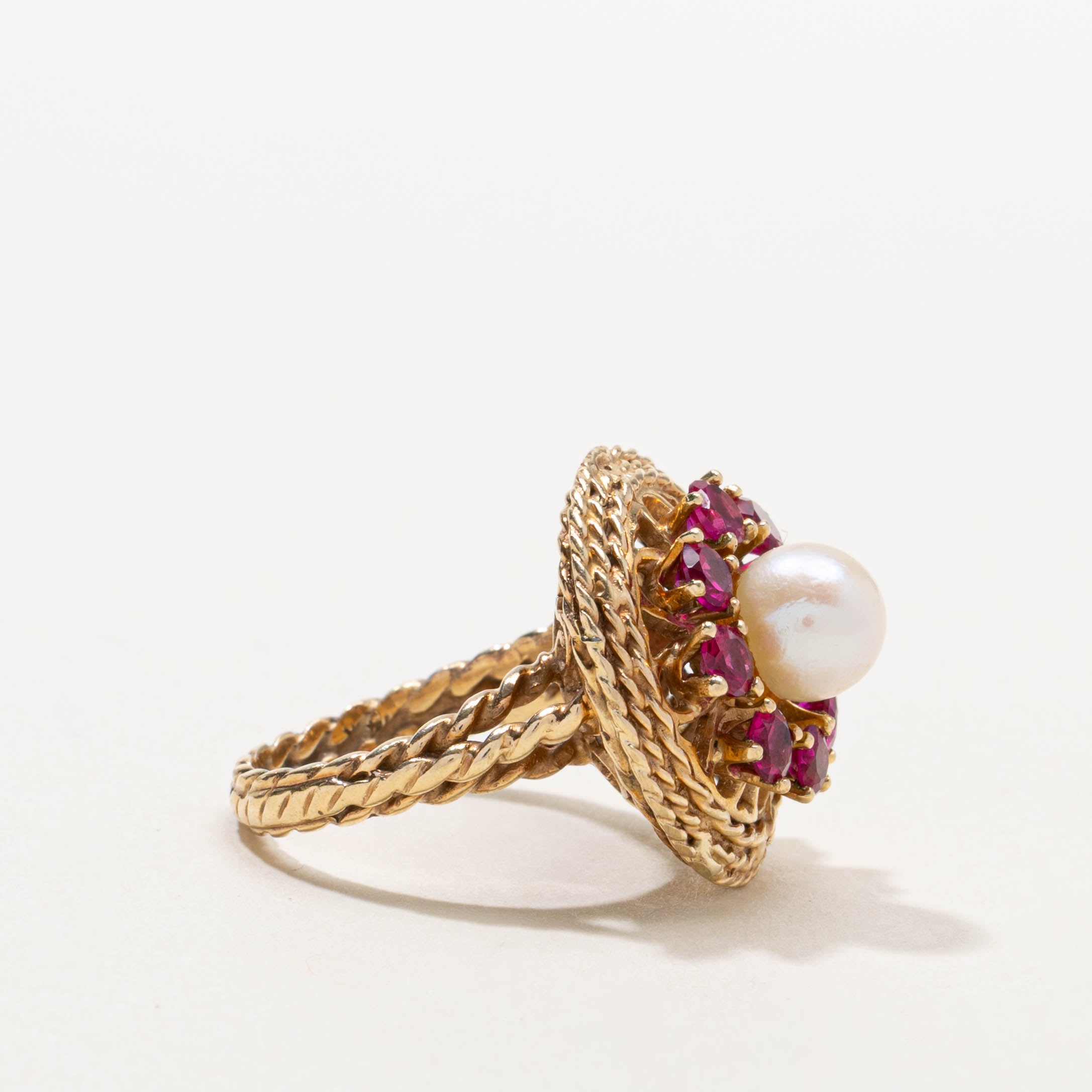 Pearl & Synthetic Ruby Halo Rope Textured Cocktail Ring | 1.20ctw | SZ 6.5