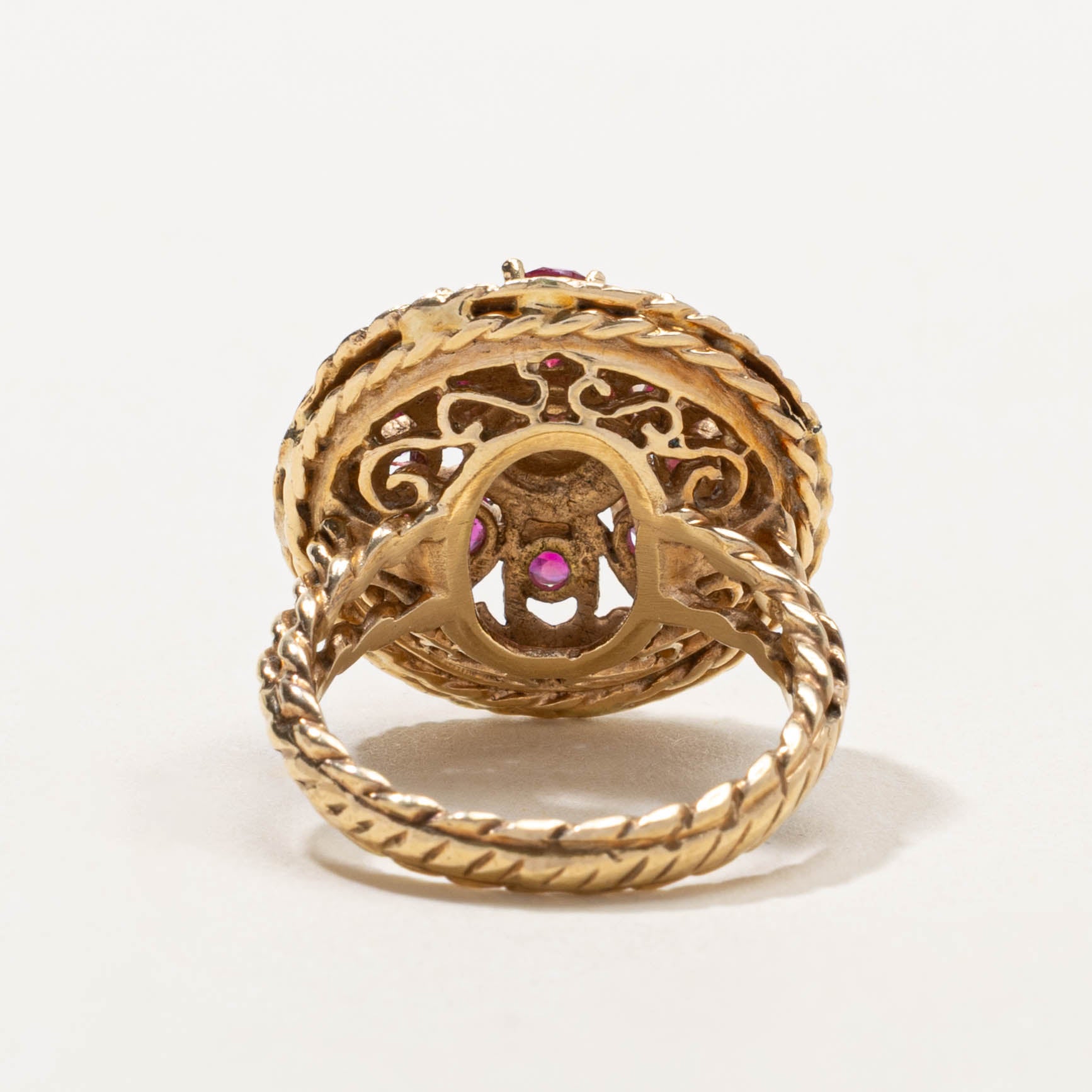 Pearl & Synthetic Ruby Halo Rope Textured Cocktail Ring | 1.20ctw | SZ 6.5