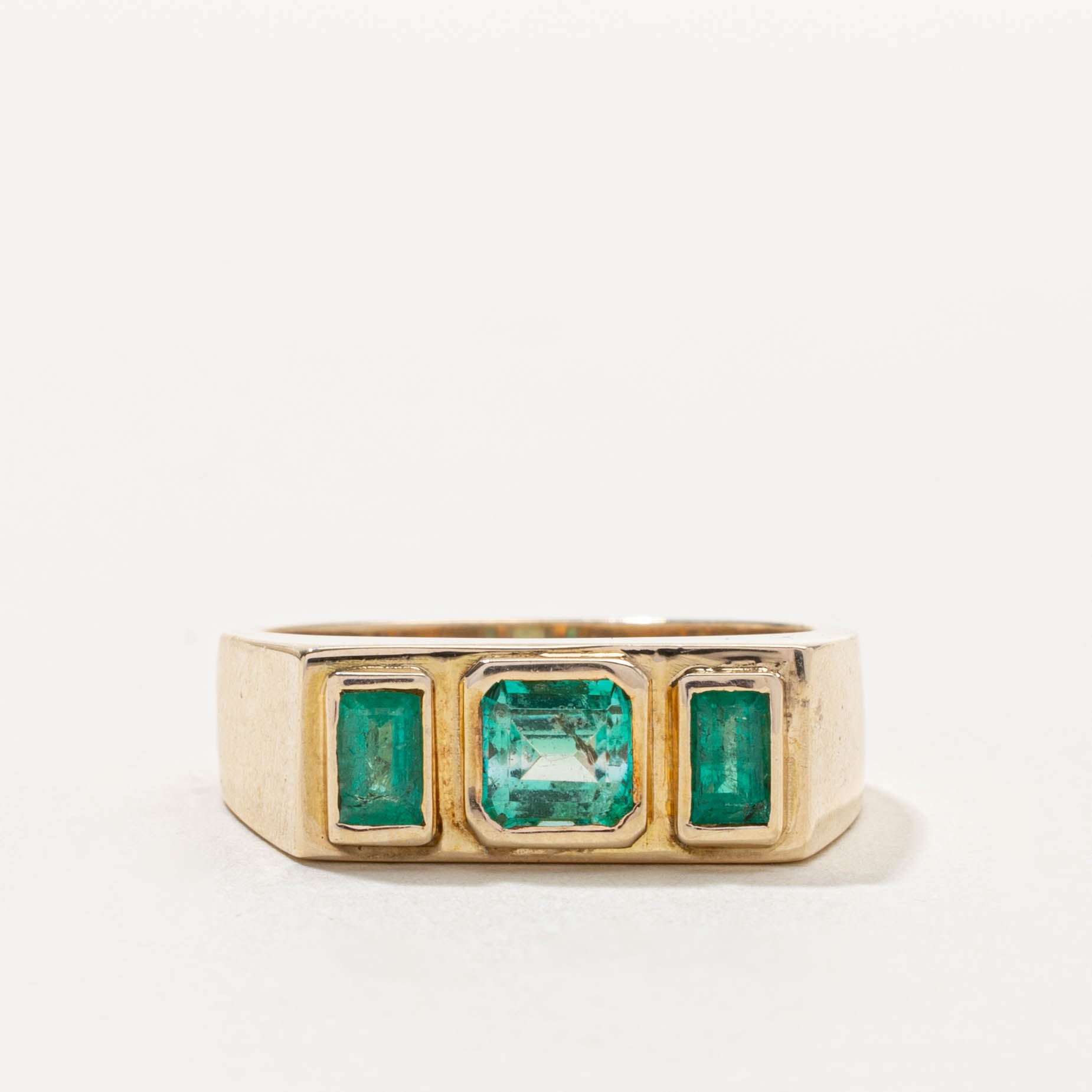 14k Three Stone Bezel Set Emerald Ring | 1.10ctw | SZ 11