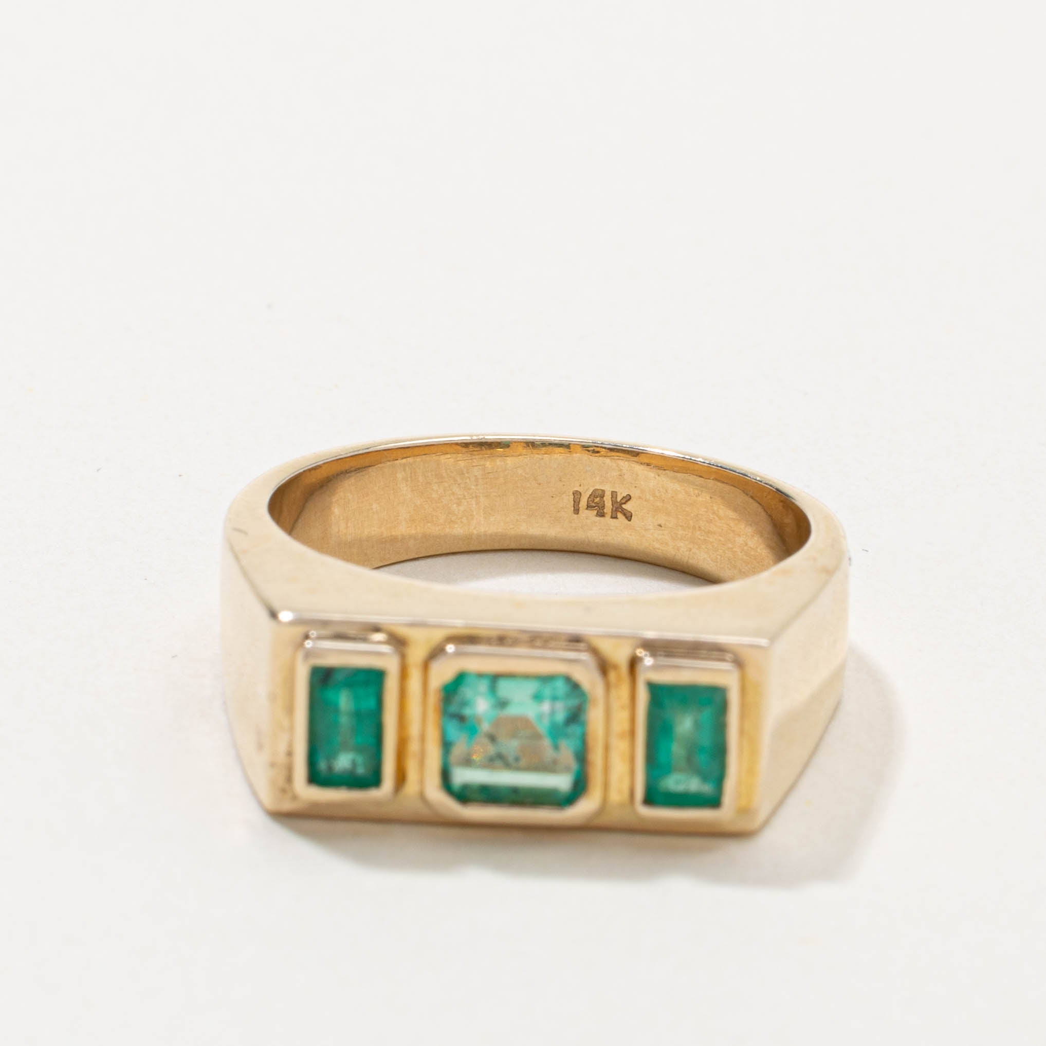 14k Three Stone Bezel Set Emerald Ring | 1.10ctw | SZ 11