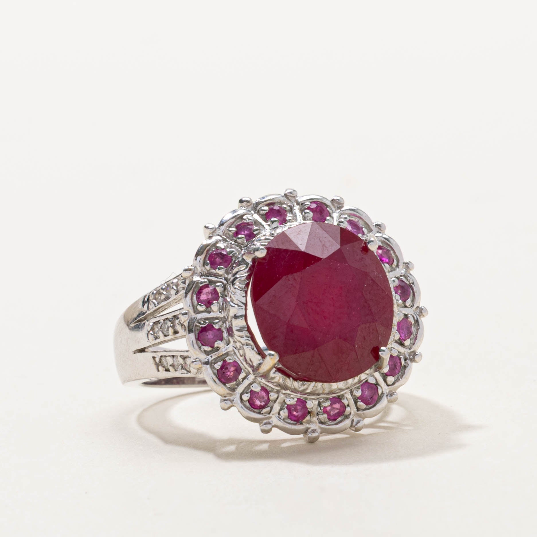 14k Round Cut Ruby Halo & Diamond Accented Ring | 8.75ctw, 0.05ctw  | SZ 7.25