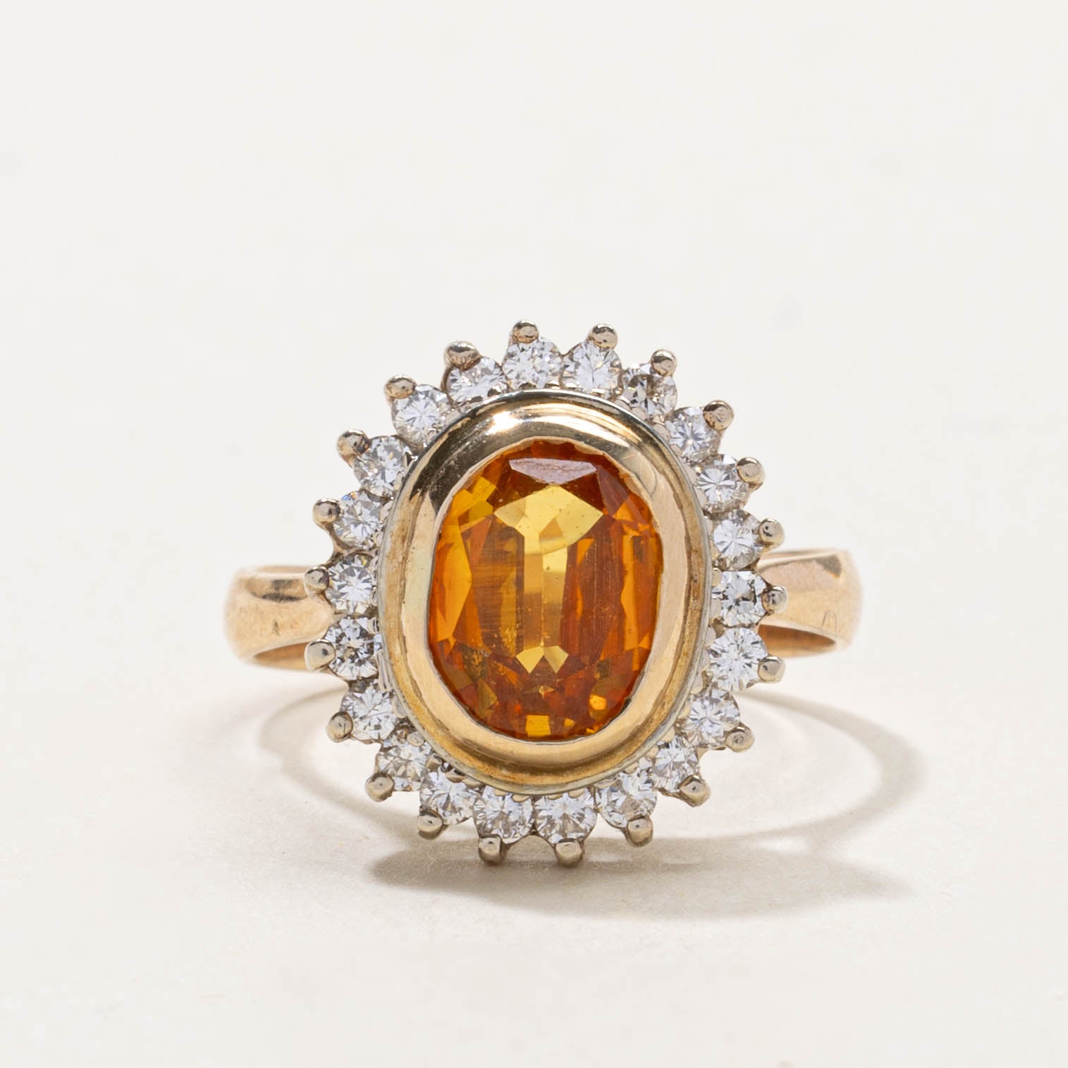 14k Oval Cut Orange Sapphire & Diamond Petal Halo Ring | 2.00ct, 0.35ctw | SZ 7