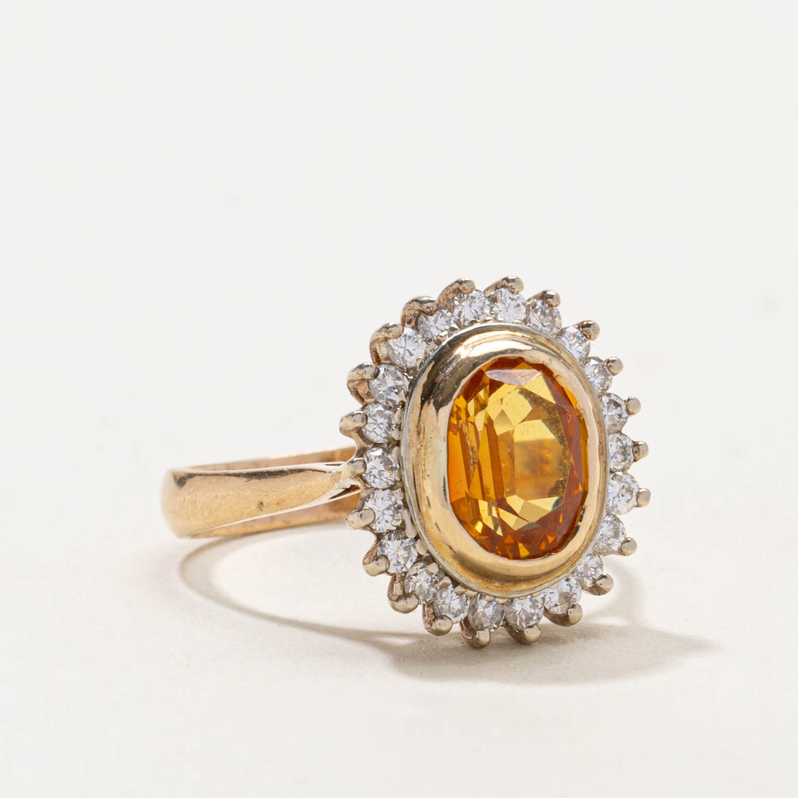 14k Oval Cut Orange Sapphire & Diamond Petal Halo Ring | 2.00ct, 0.35ctw | SZ 7