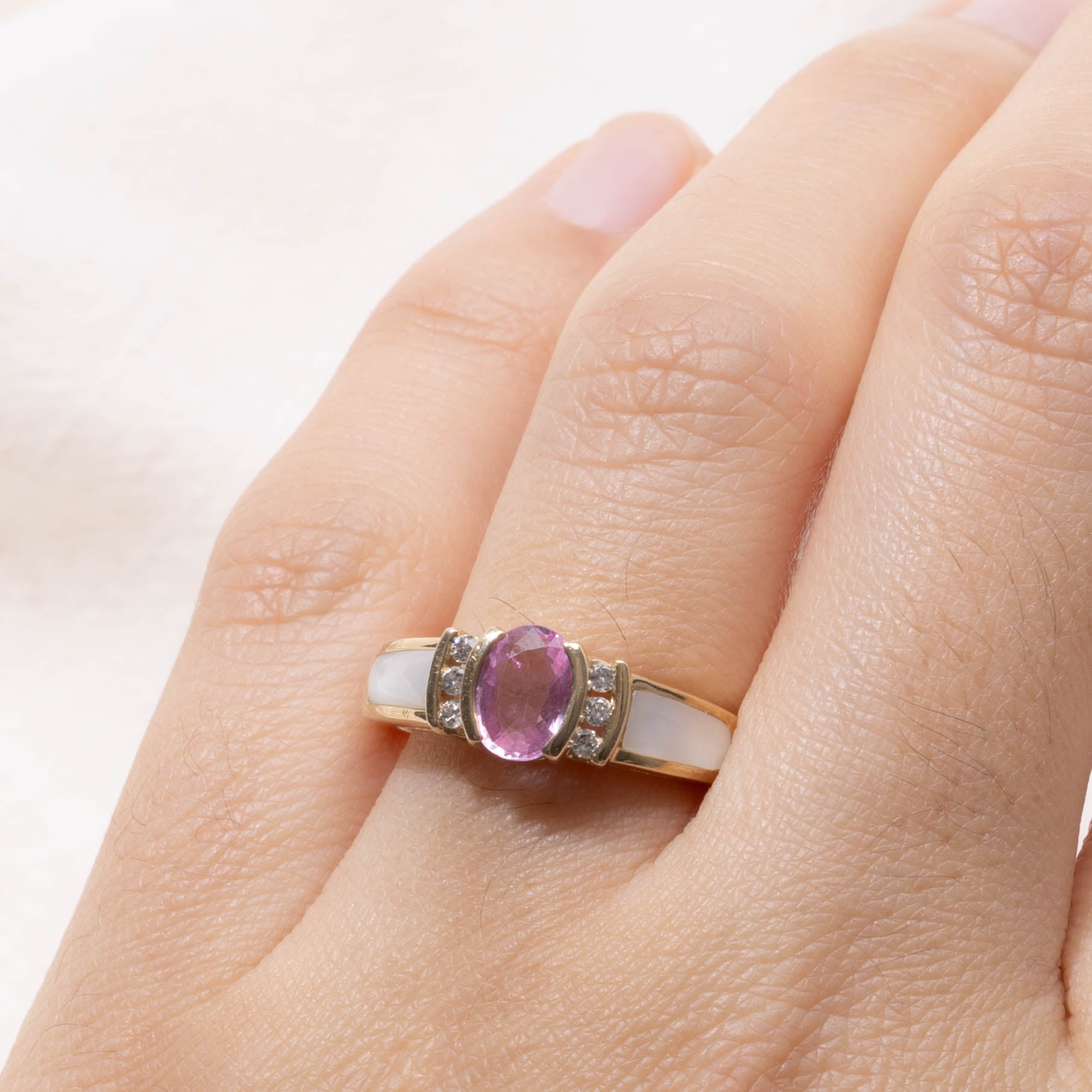 10k Pink Sapphire, Mother of Pearl & Diamond Ring | 0.06ctw, 0.65ct, 0.36ctw | SZ 7