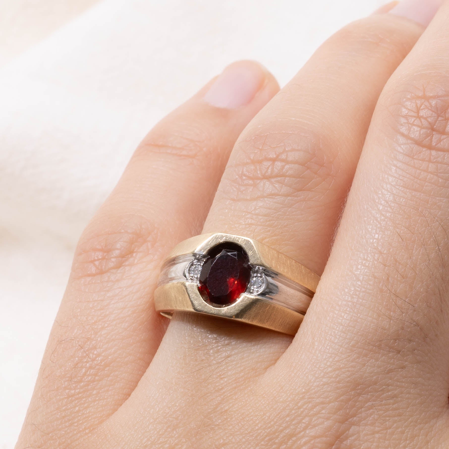 10k Bezel Set Garnet & Diamond Accented Wide Ring | 1.14ct, 0.02ctw | SZ 10.5