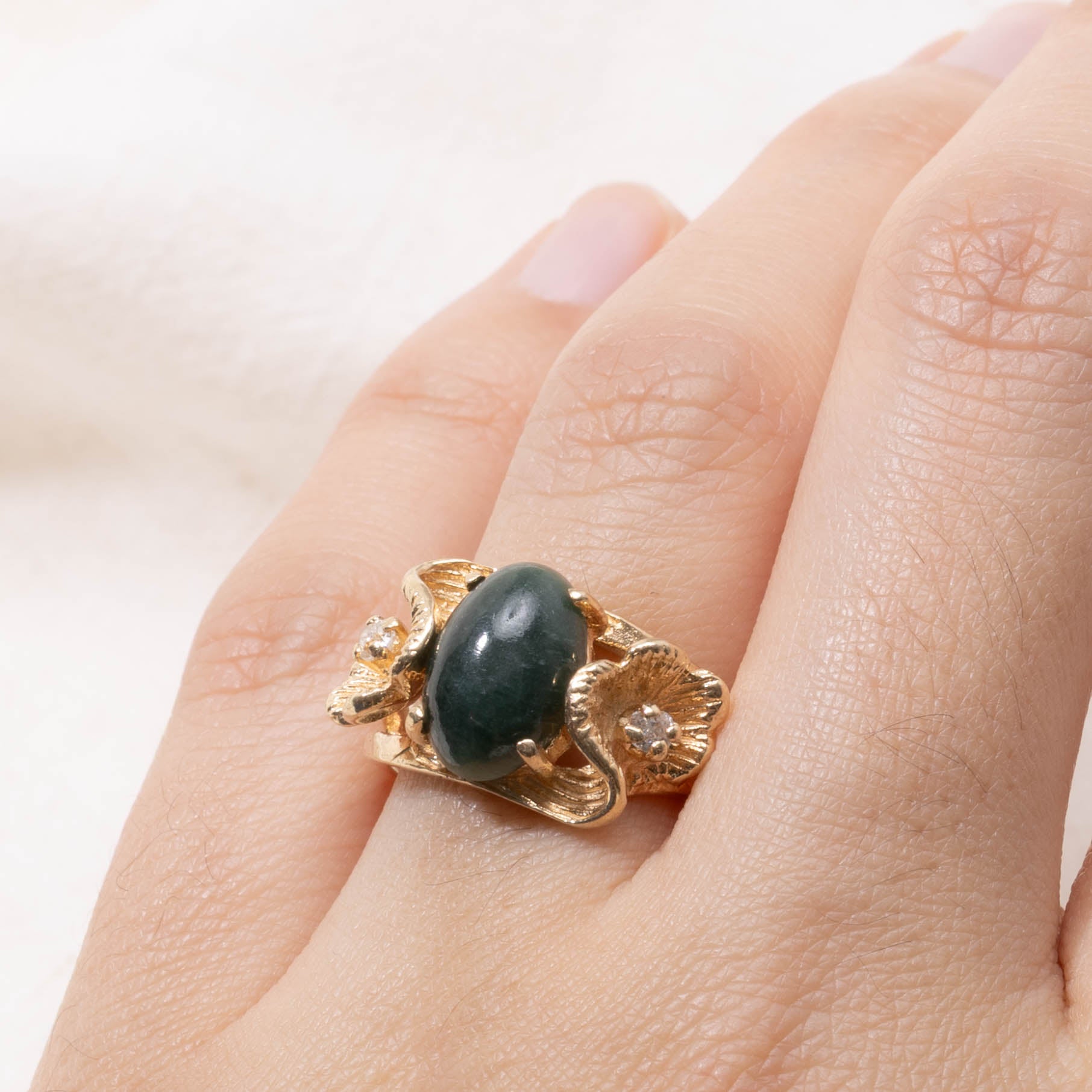 Nephrite Jade & Diamond Textured Floral Ring | 2.50ct, 0.08ctw | SZ 7.5