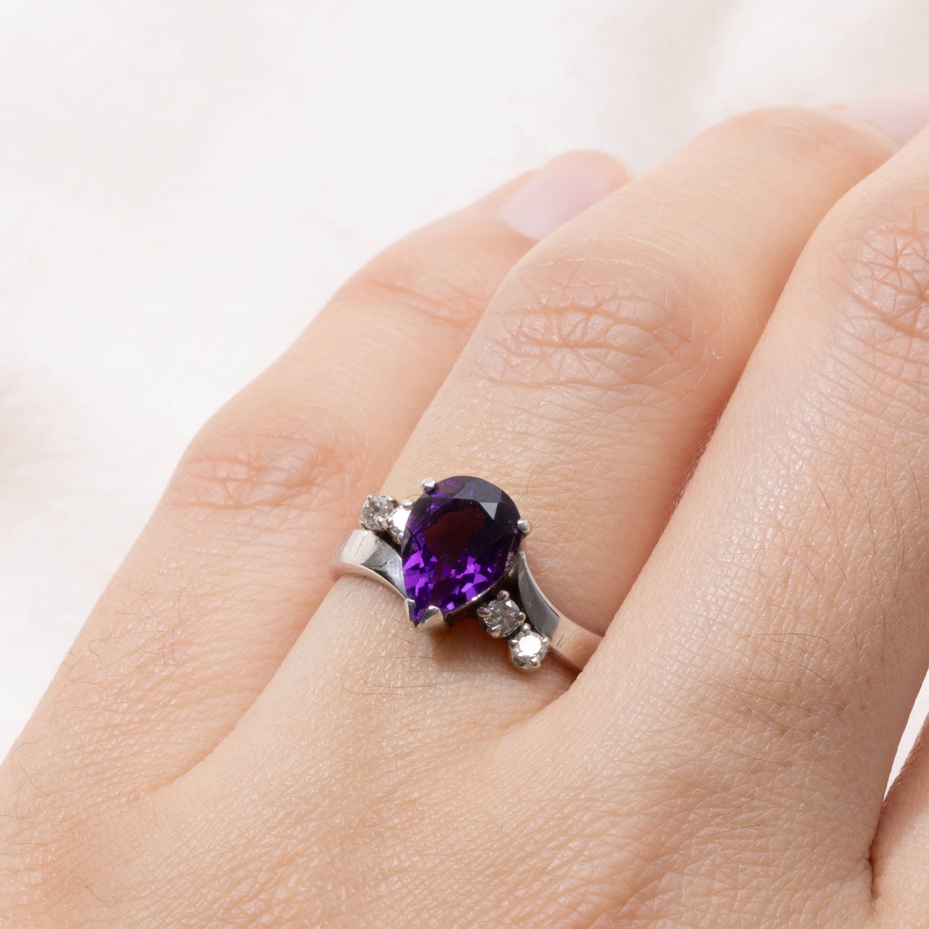 14k Pear Cut Amethyst & Diamond Bypass Ring | 1.40ct, 0.12ctw | SZ 6