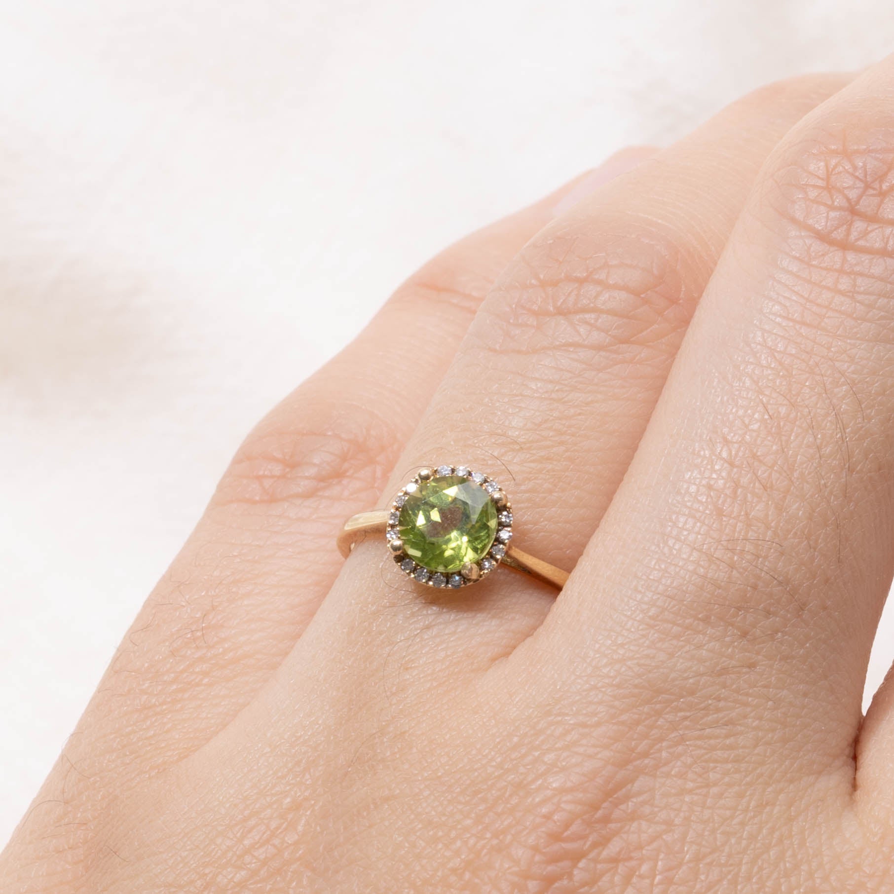 14k Round Cut Peridot & Diamond Halo Ring | 0.94ct, 0.05ctw | SZ 6.75