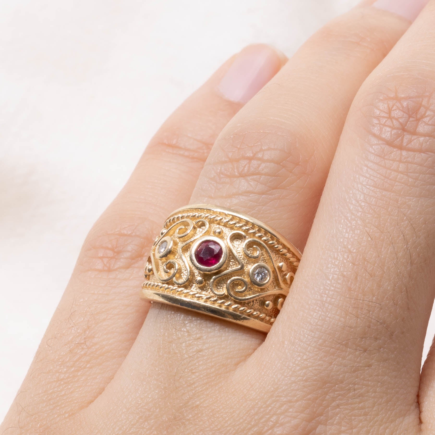 14k Synthetic Ruby & Naturakl Diamond Scrollwork Band | 0.16ct, 0.04ctw | SZ 6.25