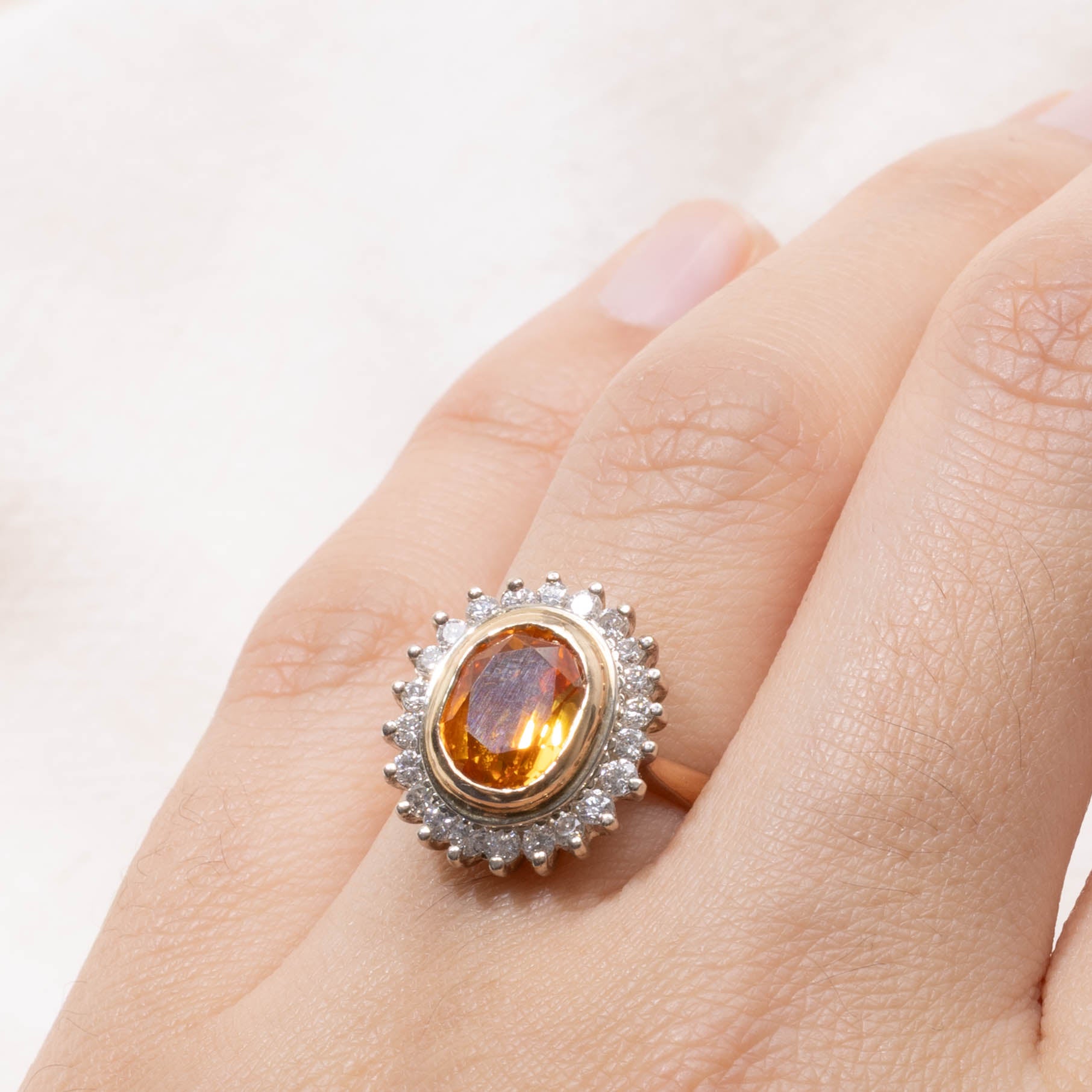 14k Oval Cut Orange Sapphire & Diamond Petal Halo Ring | 2.00ct, 0.35ctw | SZ 7