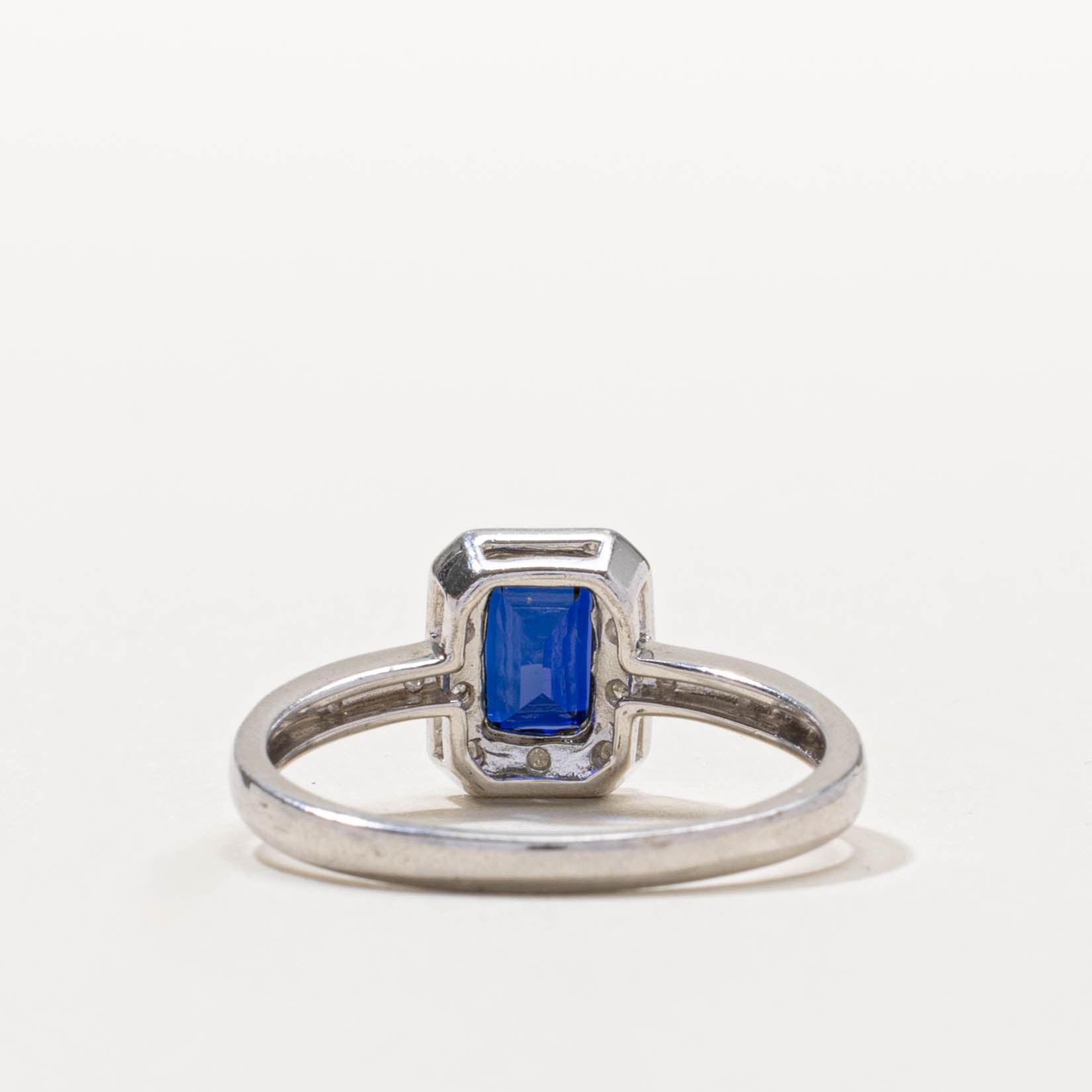 Sterling Silver Synthetic Sapphire & Natural Diamond Halo Ring | 1.00ct, 0.03ctw | SZ 9.75