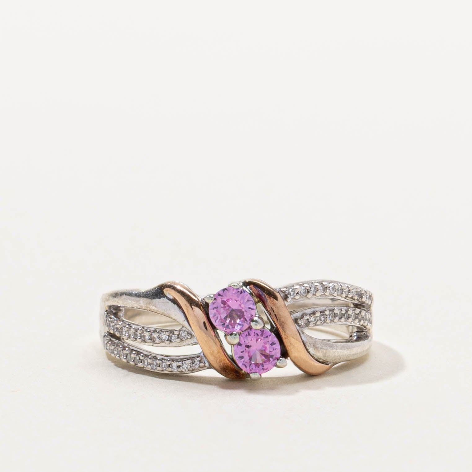 Sterling Silver Two Stone Pink Sapphire & Diamond Crossover Ring | 0.30ctw, 0.05ctw | SZ 7.5