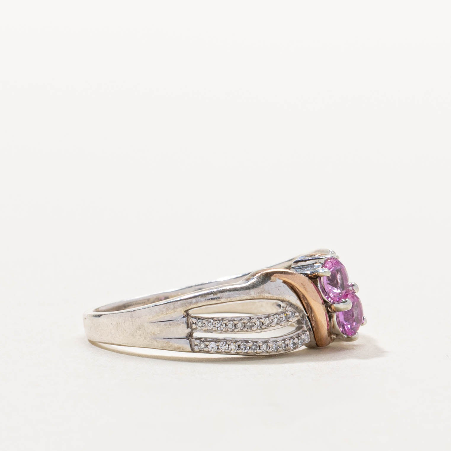 Sterling Silver Two Stone Pink Sapphire & Diamond Crossover Ring | 0.30ctw, 0.05ctw | SZ 7.5