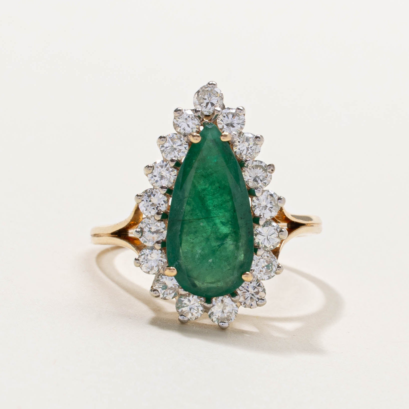 14k Pear Cut Emerald & Diamond Halo Ring | 1.60ct, 1.20ctw | SZ 10