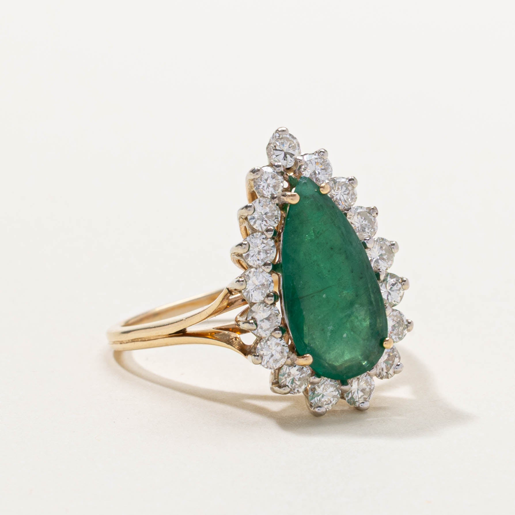 14k Pear Cut Emerald & Diamond Halo Ring | 1.60ct, 1.20ctw | SZ 10