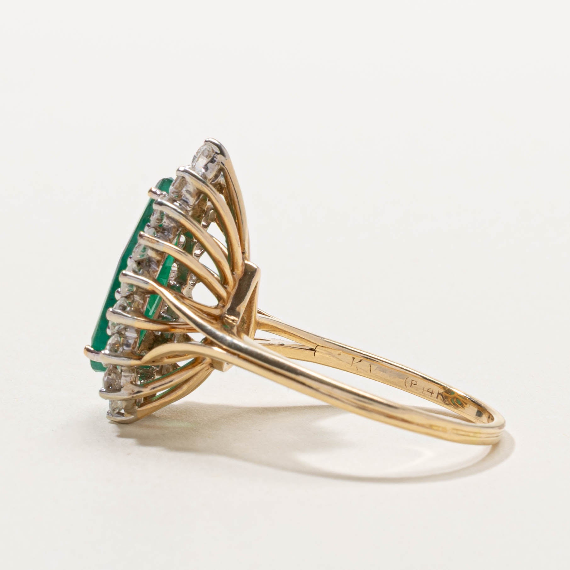 14k Pear Cut Emerald & Diamond Halo Ring | 1.60ct, 1.20ctw | SZ 10