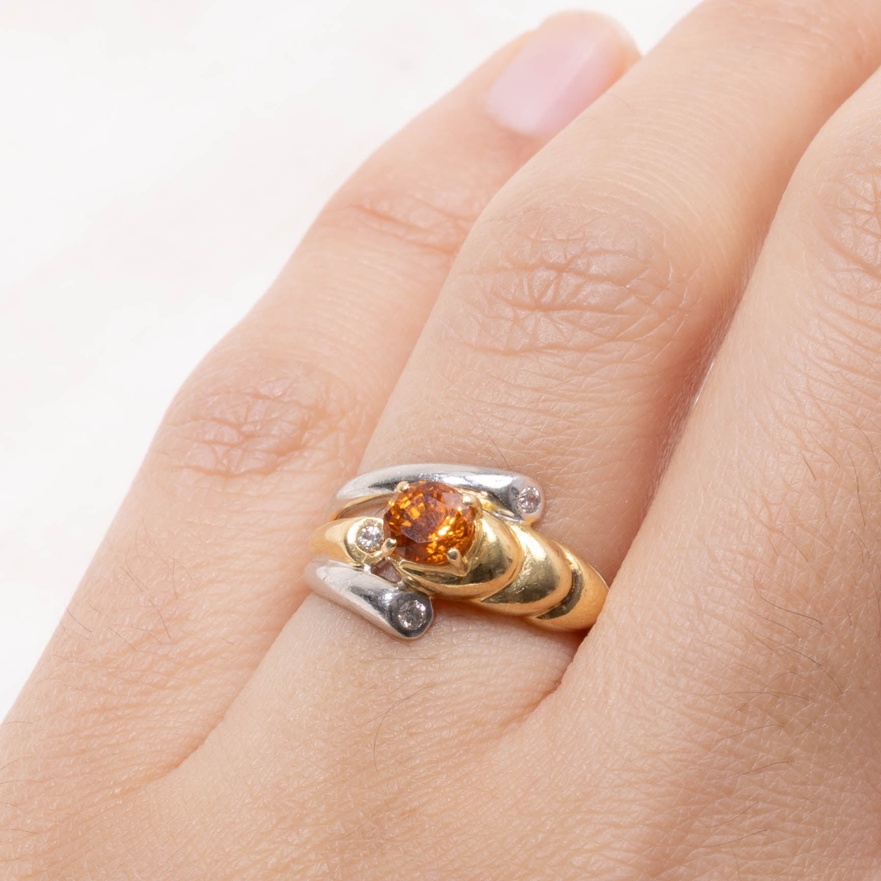 18k Two Tone Gold Orange Sapphire & Diamond Ring | 0.75ct, 0.04ctw | SZ 5.75