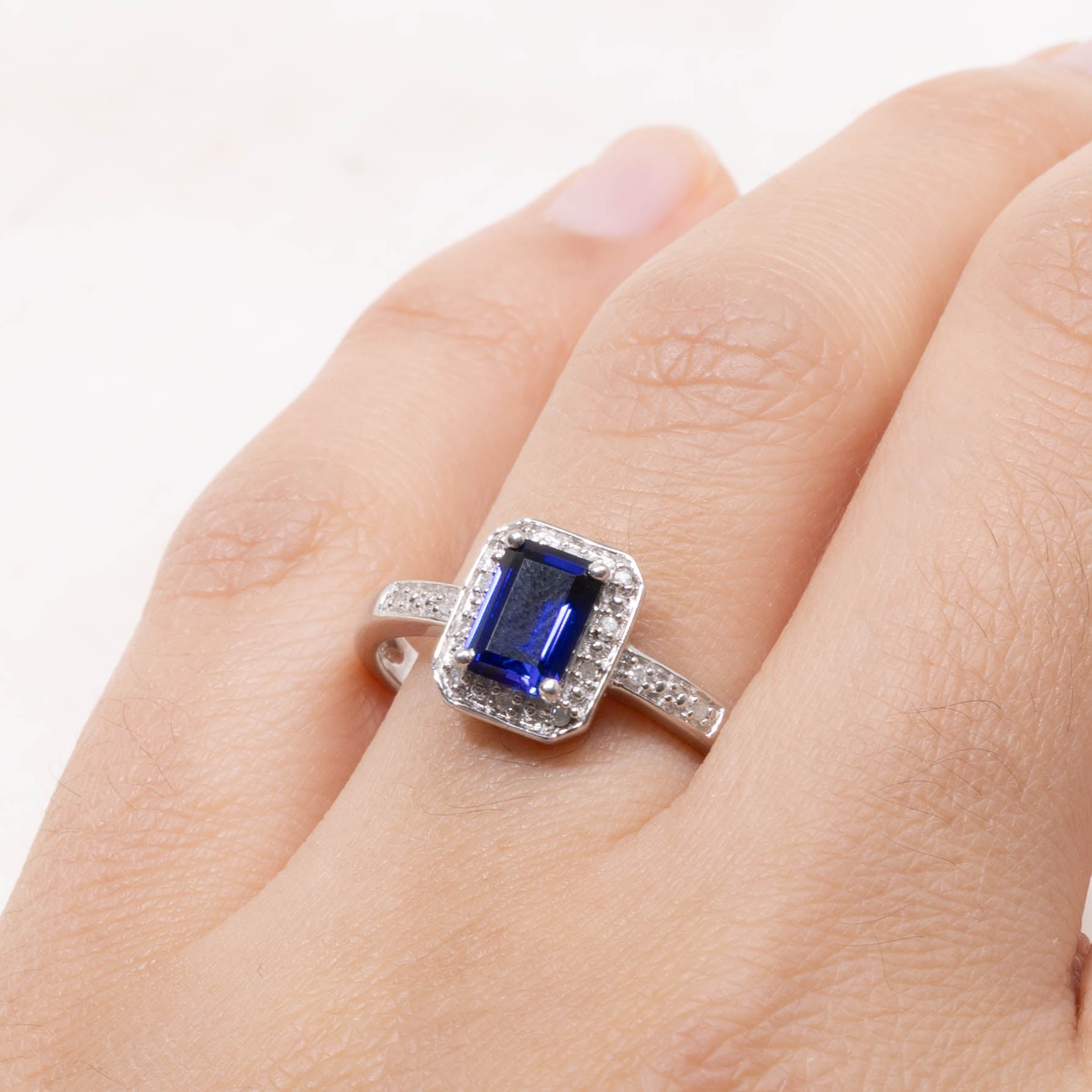 Sterling Silver Synthetic Sapphire & Natural Diamond Halo Ring | 1.00ct, 0.03ctw | SZ 9.75